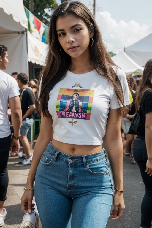 ung brazilian, 23 anos, magra e alta, seios grandes, , elegante, at music festival, T shirt , skin tight pants, no jewelry, sexy, colorful clothing