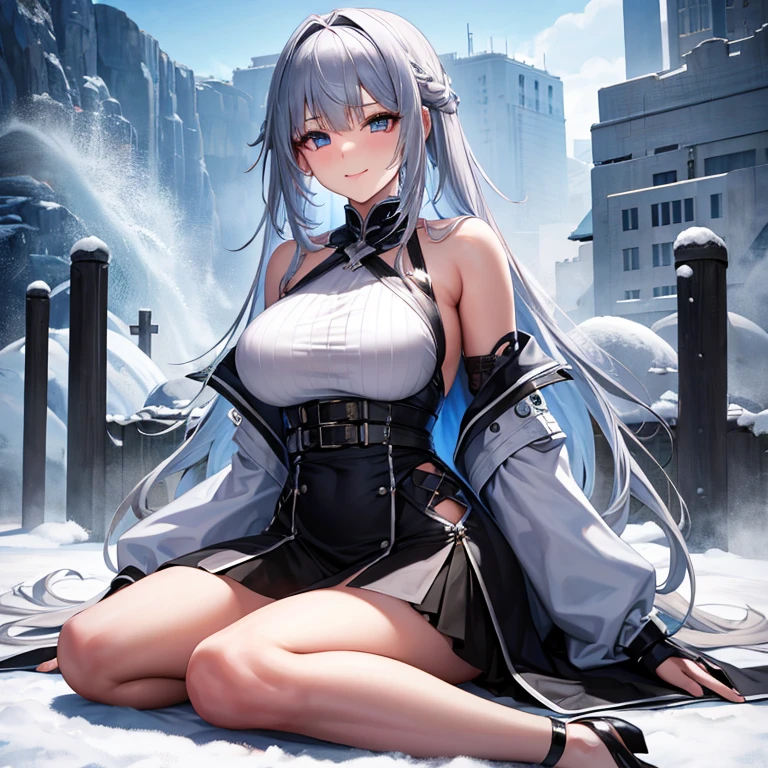 ((((1 male、silver hair、bad wind、smile、warrior、snowfield、daytime、))))(((masterpiece、highest quality、Super detailed、)))1 female、silver hairロングヘア、wave、bangs eyebrow cross、Silver eye、big breasts、lightly armed、lance、Gunplay、Silver costume、solid skirt、Lace tops、smile、Full body figure、(((A man sitting cross-legged next to a woman、A woman who is a little confused but sticks to a man)))