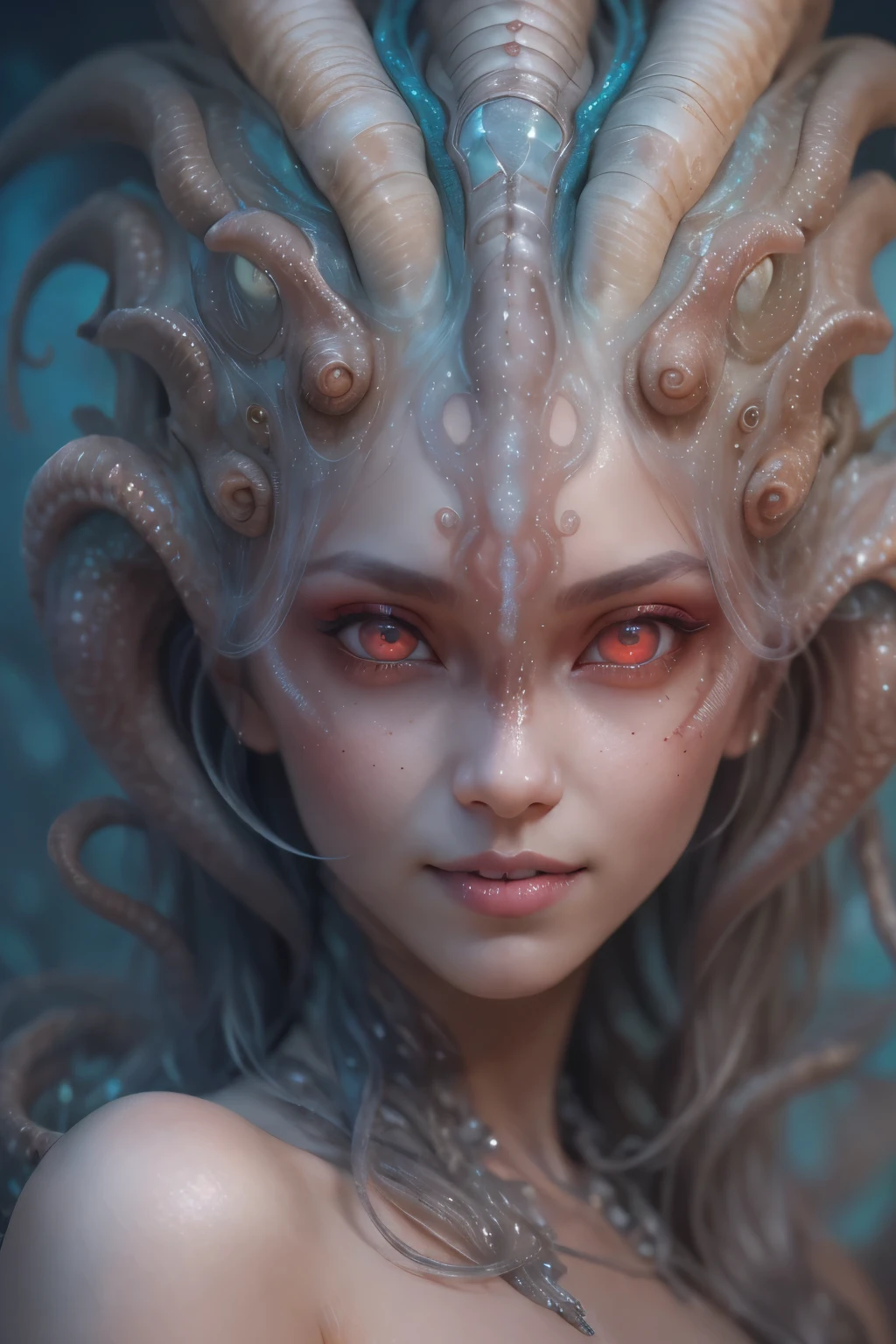 best quality, masterpiece, ultra high resolution, (photos realistic:1.7), scary and sexy detailed art in color, Portrait, (beautiful and obscene female alien:1.4), (vulgarity1.7), (she has red eyes with no pupils:1.8), (Translucent blueskin:1.7), (There is a female genital-like organ in the middle of the forehead:1.9), (The most beautiful face in the history of the universe:1.2),an evil gaze that seduces, (large mouth:1.1), (sharp teeth like a vampire:1.2), Full body portrait, (bio luminescent:1.5), (Smile wickedly:1.3), (sexypose:1.5), alien, No humans, cells are fused, (Lots of translucent tentacles:1.3) extraterrestrial, cell, bio image, best quality, 8K,In 4K_quality, High freshness, Dramatic Lighting, cinematic quality, detail up, (exquisite details:1.2), High freshness, drawing faithfully, (Thick eyebrows:1.2), Beautiful eyes with fine symmetry,(Highly detailed face and eyes:1.2), Intimate face, (Super detailed skin quality feeling:1.4), perfect anatomy, (Beautiful toned body:1.5), (Moist skin:1.2), not wearing makeup, (dark circles:1.1), long canines, cinematic drawing of characters, ultra high quality model, cinematic quality, detail up, (exquisite details:1.2), high resolution, High freshness, drawing faithfully, official art, Unity 8K Wall paper, ultra detailed artistic photography, midnight aura, unreal engine 5, Ultra Sharp Focus, art by Amano Yoshitaka, ArtGerm, Roisch, intricate artwork,ultra realistic realism, dream-like, nautilus, Creation of fantasy, Snail, Dream Snail, (biopunk nautilus:1.3),Thrilling color schemes, seductively smiling, Blue tentacles, Amazing mutation, well-proportioned body, goddess of the deep sea, fractal, Geometric pattern, impossible figures,(asymmetry:1.4),