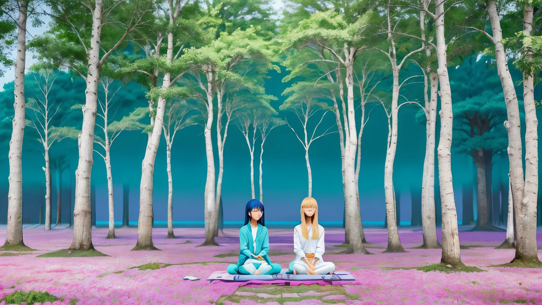 Background and Illustration: The background of your banner could be an anime illustration that represents calm and meditation. Imagine a soft and ethereal landscape with pastel tones, where anime characters in meditation poses are surrounded by natural elements such as trees, flores o fuentes. These elements should evoke serenity and connection with nature. Colores: Utiliza una paleta de colores suaves y relajantes, como tonos de azul claro, verde suave, blanco y rosa pastel. These colors will inspire a feeling of peace and well-being, aligning with the meditation theme of your channel. typography: Apply clear, legible typography with a touch of anime style. Opt for a soft sans-serif font that complements the overall aesthetic of the banner. You can include a short, calming slogan related to meditation.. Personajes Anime: Integra personajes anime en poses relajadas y serenas. Pueden estar sentados en posturas de loto, meditando en un entorno tranquilo. Make sure the characters reflect the serenity you seek to convey on your channel.