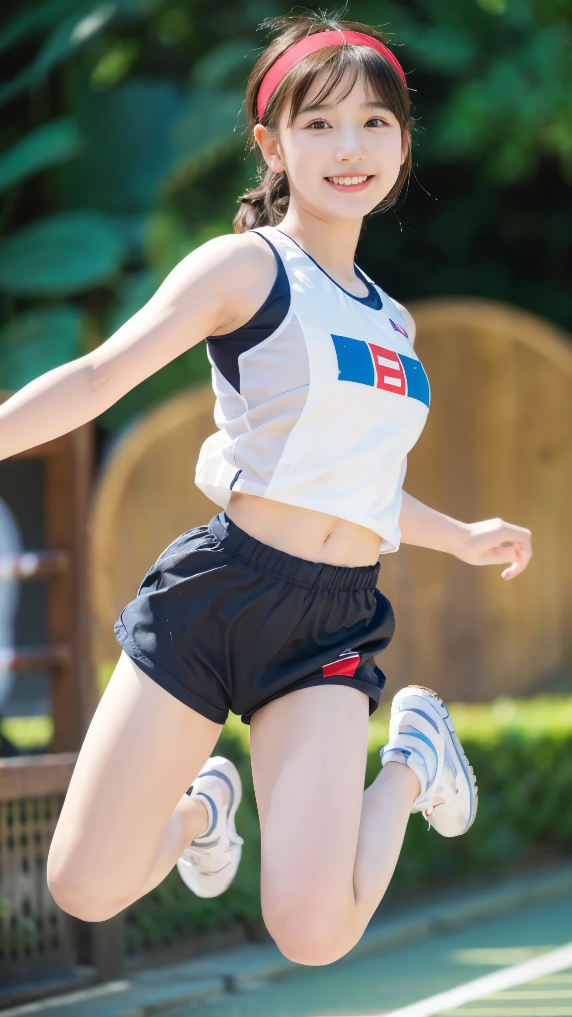 realistic pictures、8-year-old、cute、short、one girl、(realistic skin:1.5)、Express your joy by jumping、(cloth hairband on the forehead、bright red hair band、White athletic shoes:1.3)、brown eyes、track and field athlete、Full body photo、beautiful feet、bright sportswear、black hair、straight hair、bangs、ponytail、smile、be happy、Live shooting、highest quality、High resolution、(masterpiece)、professional photos、(chromatic aberration:1.3)、8K resolution、intricate details、detailed eyes、Ultra High Definition Eyes、Physically based rendering、8k wallpaper、ultra wide angle、wide angle photo、