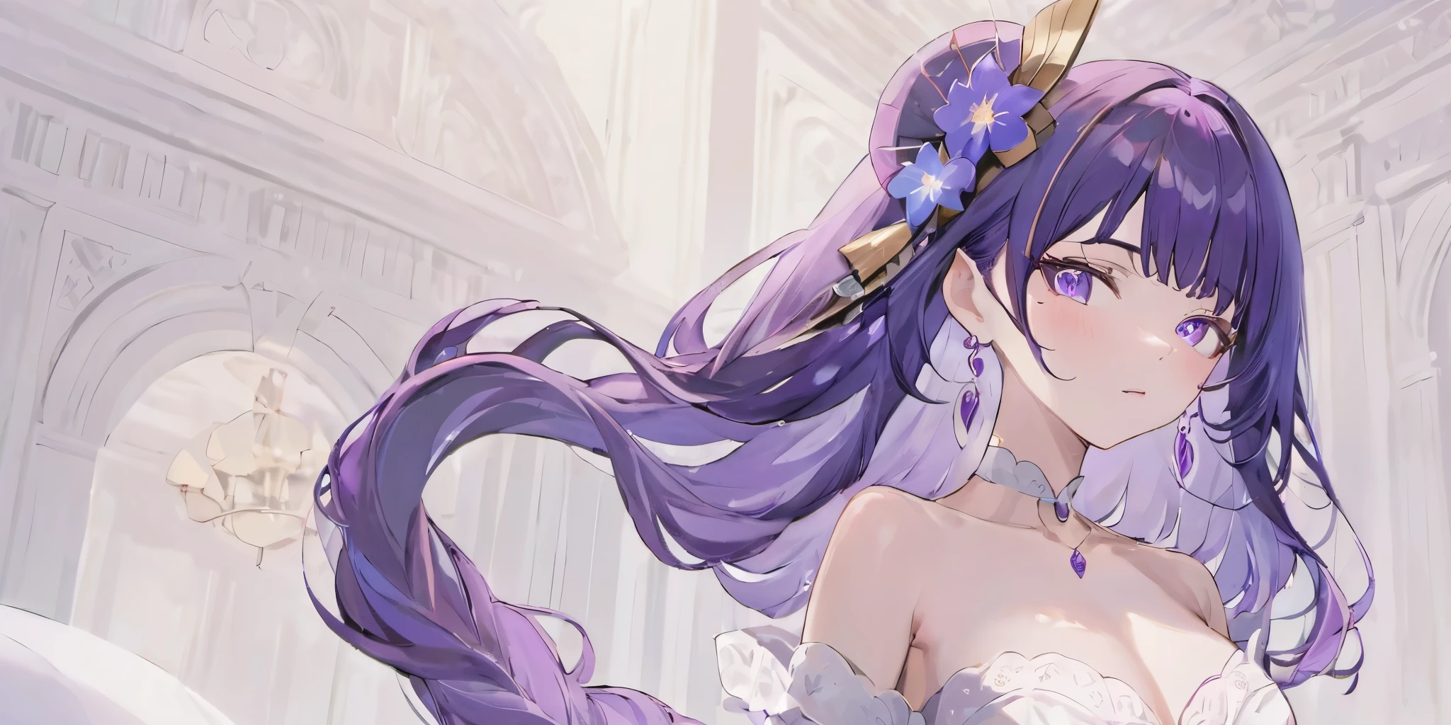 one woman, solo, masterpiece, whole body, white background, raiden, purple hair, wedding dress, perfect hands