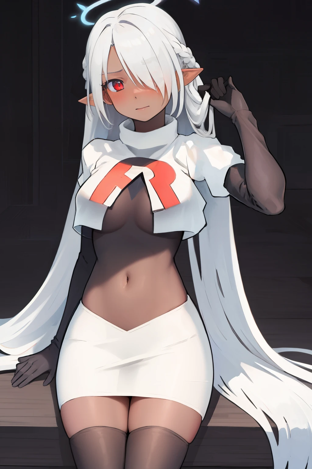 best quality, masterpiece, highres, solo, {iori_bluearchive:1.15}, long_hair, twintails, red_eyes, grey_hair, pointy_ears, hair_over_one_eye, dark_skin, dark-skinned_female, bangs, blush, halo, breasts, ribbon, hair_ribbon, very_long_hair, black_ribbon, medium_breasts, 1girl, team rocket,team rocket uniform,white skirt,red letter R,crop top,black thigh-highs,black elbow gloves