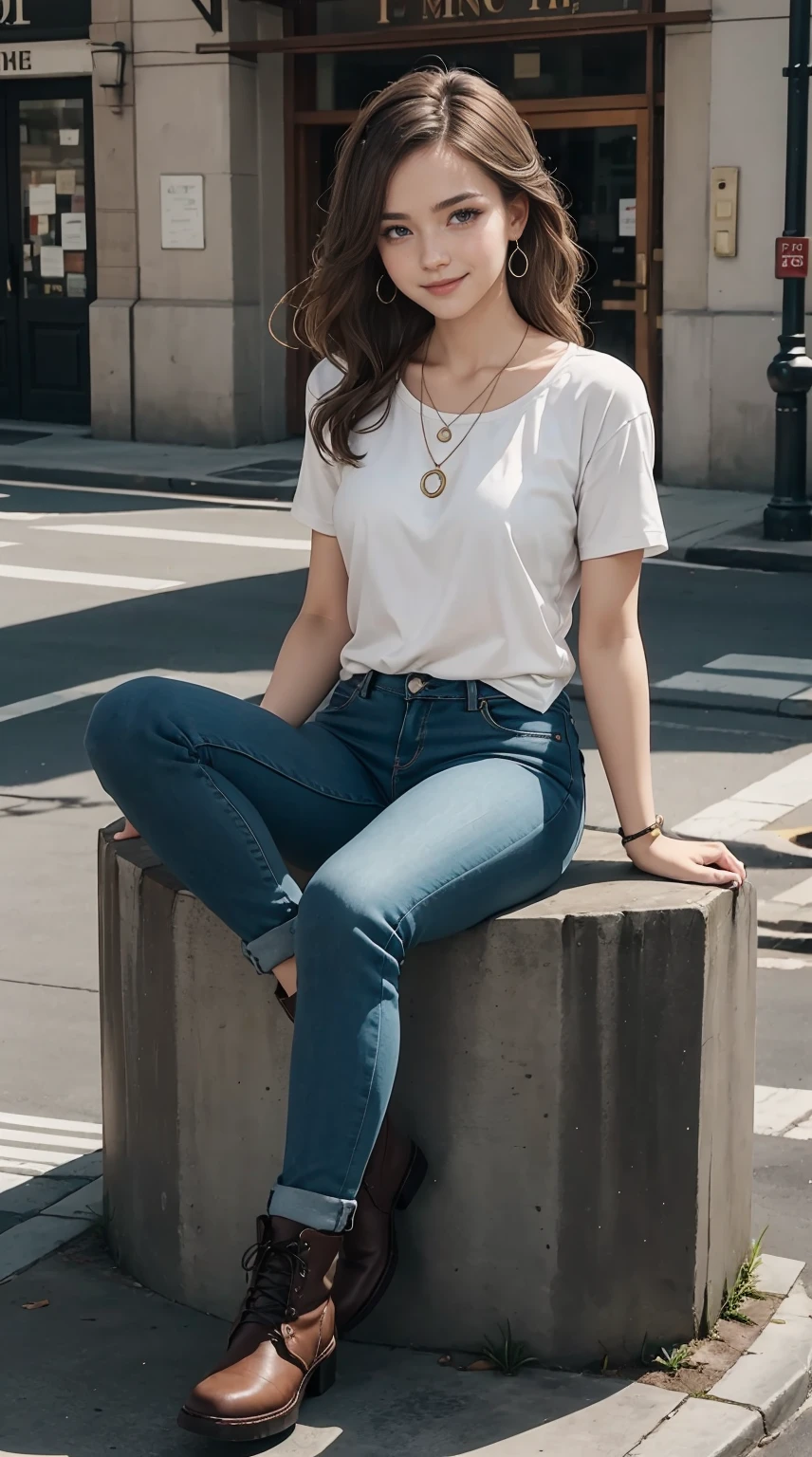 22 year old white female、Hair color is brunette、blue eyes、long hair、The ends of the hair are wavy、setting hair、accessories on wrist、wearing a necklace、has earrings、skin is smooth、Slender but muscular body、smile、Wearing American armhole tops、wearing skinny jeans、smile、I&#39;m wearing short boots、Sitting on a stone block in the city looking at me