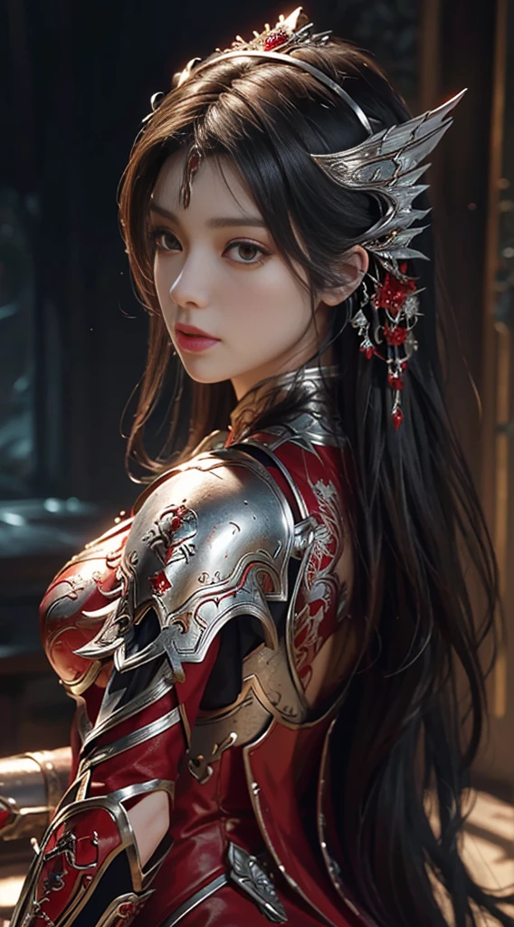 Close-up of woman in red silver dress, Immersive art station, torrent scene, detailed fantasy art, Amazing character art, Excellent and neat character art, beautiful armor, very detailed, red armor girl, Exquisite headdresses and ornaments