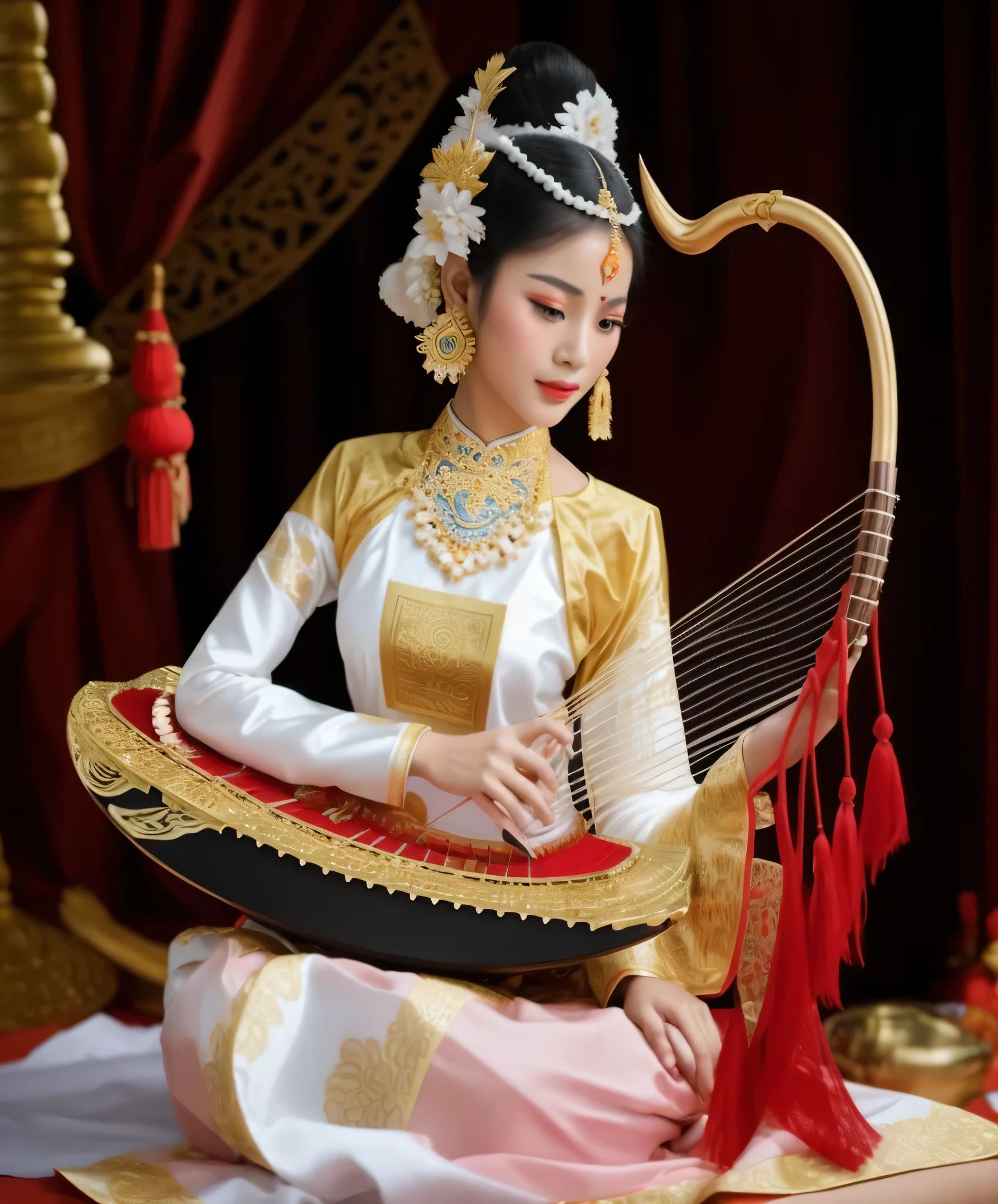 arafed woman in traditional thai costume playing a musical instrument, traditional beauty, traditional, traditional clothes, traditional dress, traditional clothing, traditional art, sukhothai costume, portrait shot, beautiful image, traditional costume, javanese mythology, fanart, ancient asian dynasty princess, traditional female hairstyles, assamese aesthetic, traditional chinese, traditional photography