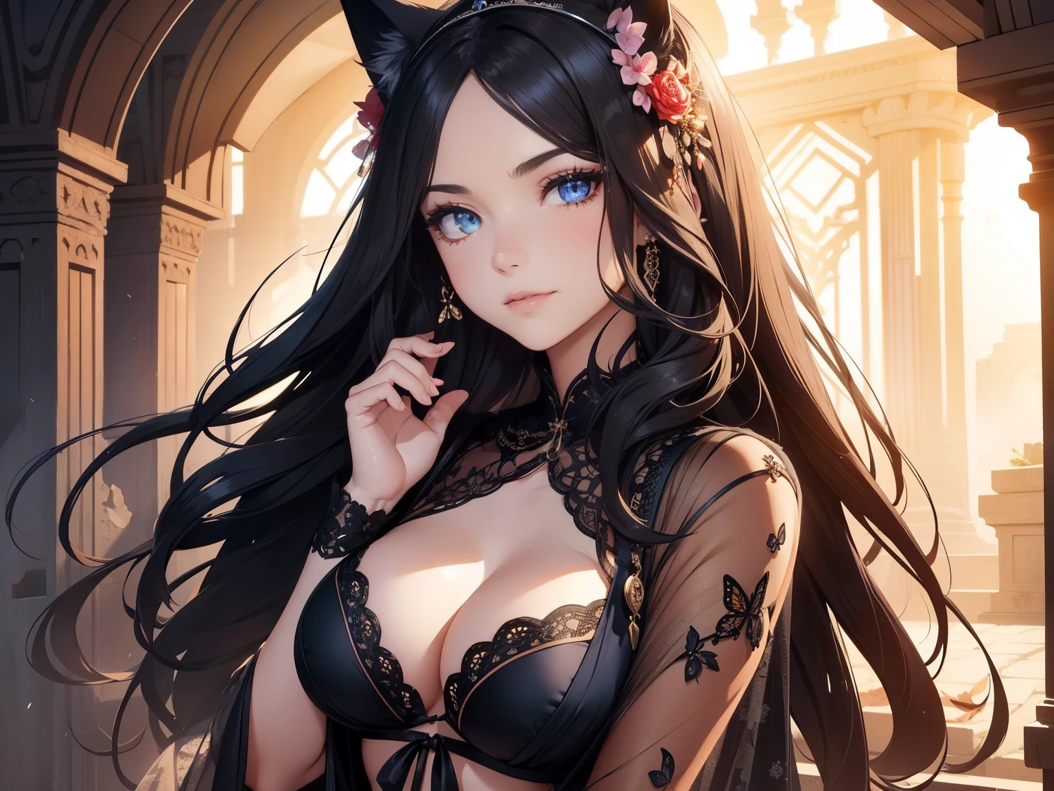 (best quality, 4k, 8k, highres, masterpiece:1.2), ultra-detailed, detailed face, detailed lips and eyes, expressive face, realistic, BREAK Lotan beautiful caucasian woman with straight long black hair, blue eyes, attractive appearance, detailed face, detailed lips and eyes, dragon horns on the head, expressive face, voluptuous.
BREAK 1girl,
BREAK
//Fashion
Enchanted Nekomimi Seduction,
Start with a lacy Peek-a-Boo Bra set featuring floral patterns and intricate details, adding a touch of seduction to the ensemble,
BREAK
Layer with a sheer kimono or robe adorned with butterfly and flower embroidery, creating an enchanting and mystical aura,
BREAK
Incorporate nekomimi (cat ears) headband and a matching tail, embracing the playful and flirtatious cat girl theme,
BREAK
Choose elegant heeled sandals embellished with floral details, complementing the overall enchanting look,
BREAK
Consider a delicate butterfly wing backdrop or accessory for a whimsical touch during photos or special moments,
BREAK Sunset hues drape an antique castle, a portal to the long-lost splendors of India and Persia. Amidst the weathered stones, a stunning 22-year-old girl gracefully paces through echoing aisles. Her presence evokes a timeless elegance, merging seamlessly with the historical tapestry.
The castle, bathed in the warm glow of twilight, whispers tales of forgotten epochs. As the girl ambles, intricate patterns of sunlight dance on the aged walls, revealing ornate carvings and murals adorned with vibrant pigments.
