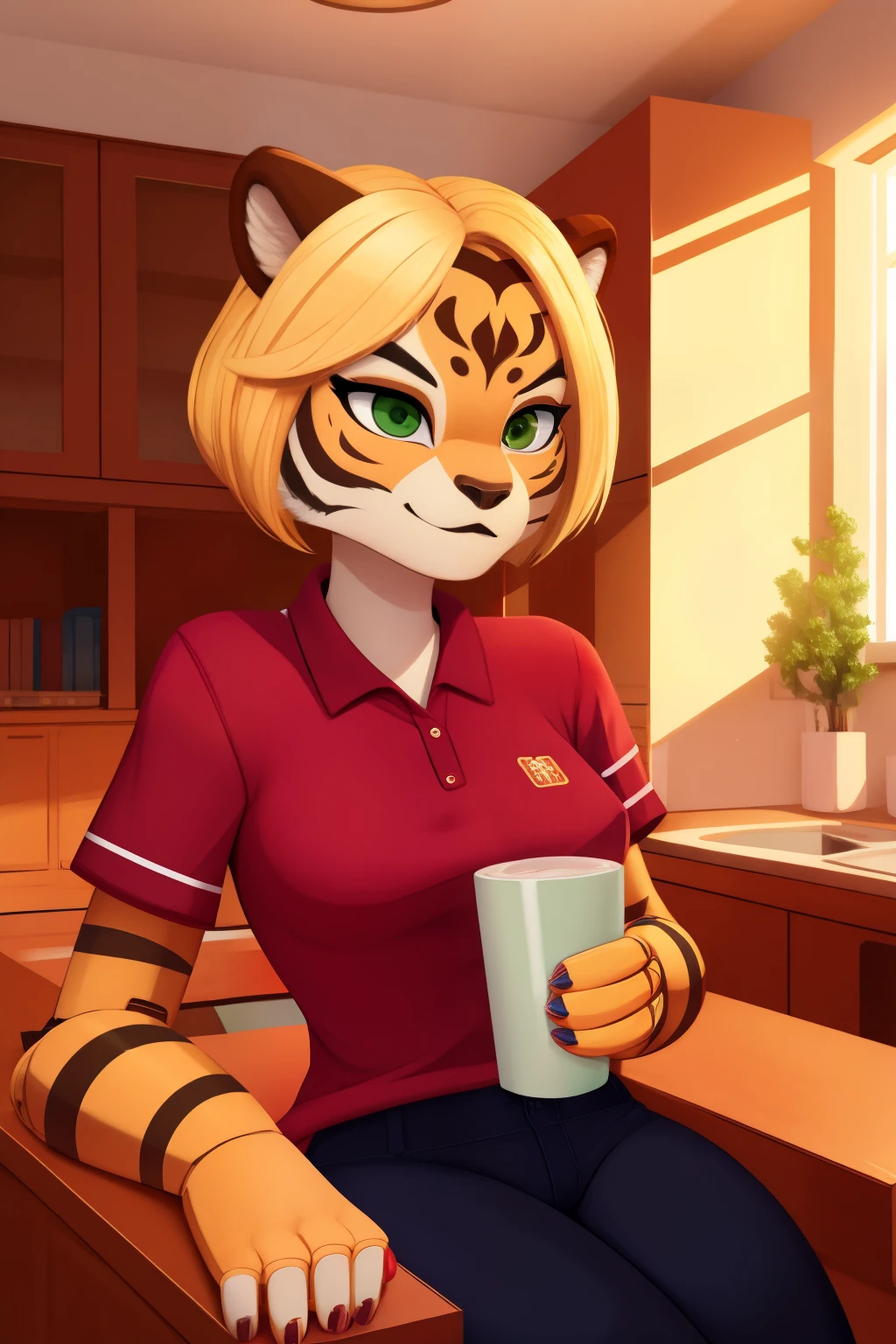 android female, tigress anthro, housewife, blonde hair, green eyes, red shirt, robot joints, Pixar 3D style