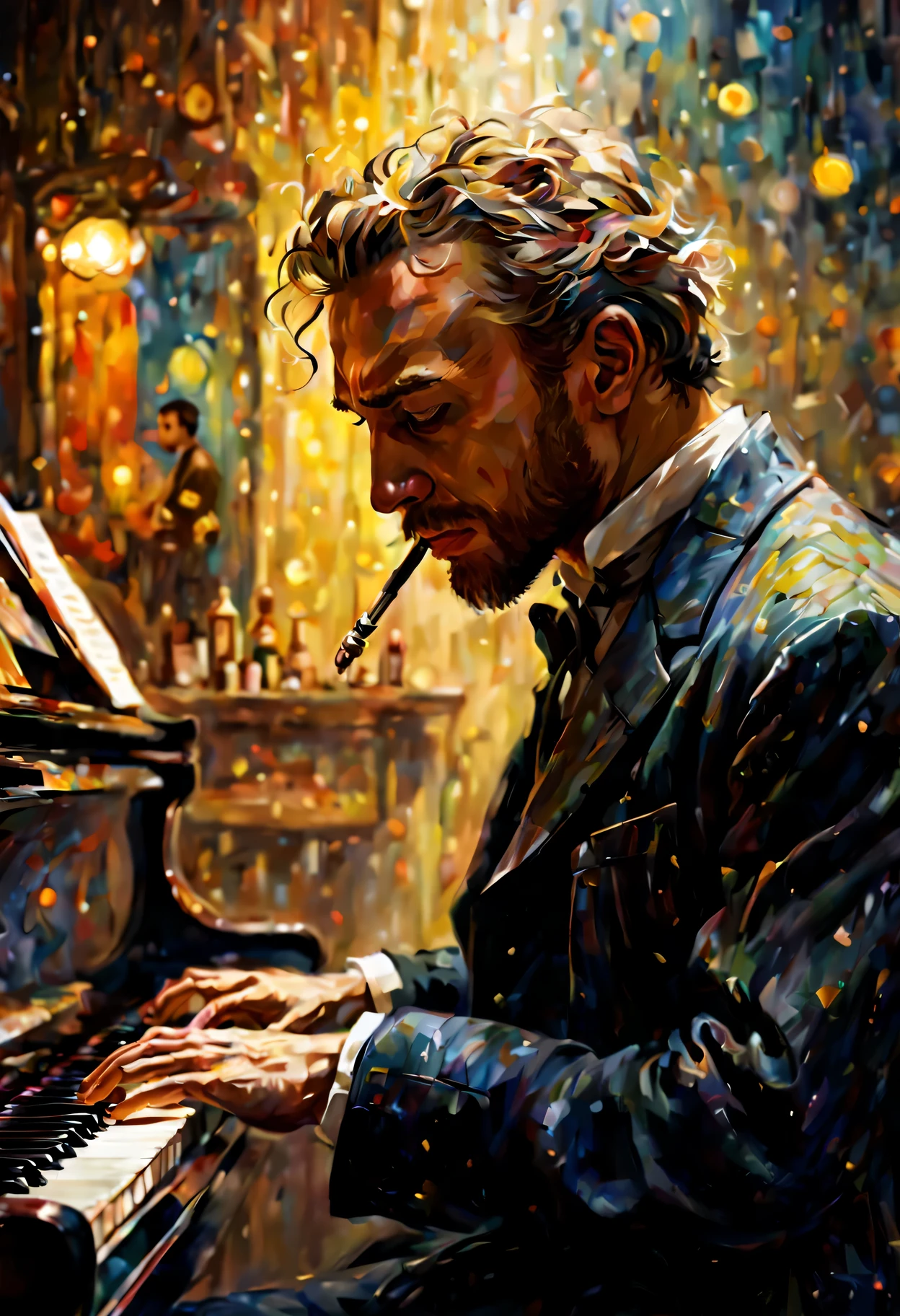 1 young man、playing jazz piano、eyes closed、jazz piano player、deep shadows、Oil painting style、jazz bar background、 dramatic lighting, extremely realistic, 8k,
insane details, intricate, bokeh, taken with a 60mm lens, ISO 300, f/4, 1/200th,
vivid colors, by Pino Daeni, Vincent van Gogh, Luis Royo, Frank Frazetta