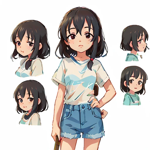 fujiwara hajime, black hair, medium hair, white background, denim shorts, chara-sheet