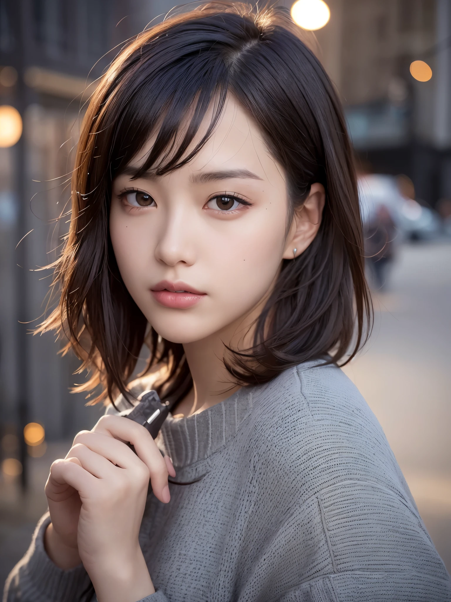 Girl with Camera, mix 4,(8K, RAW photo, highest quality, masterpiece:1.2), (realistic, photo-realistic:1.37),1 girl,cute,cityscape, night, rain, Wet, professional lighting, photon mapping, radio city, Physically based rendering, gradient brunette hair, short curly hair, good looking, girly, white ball set, excellent image quality, High resolution, 1080P, (clean face), (Detailed facial description), (detailed description of hands), (masterpiece), (Detailed CG), extreme light and shadow, messy hair, masterpiece, Rich details, (exquisite features), (best image quality), (masterpiece), (fine eyes), looking forward to your eyes, delicate clavicle