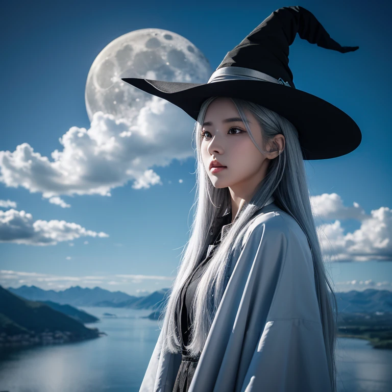 best quality, Very detailed, masterpiece, Super detailed, cloud, witch_have, have, 1 girl, sky空, blue_sky空,sky, long_hair, cloudy_sky空, moon,bird, alone, silver_hair, witch, outdoor