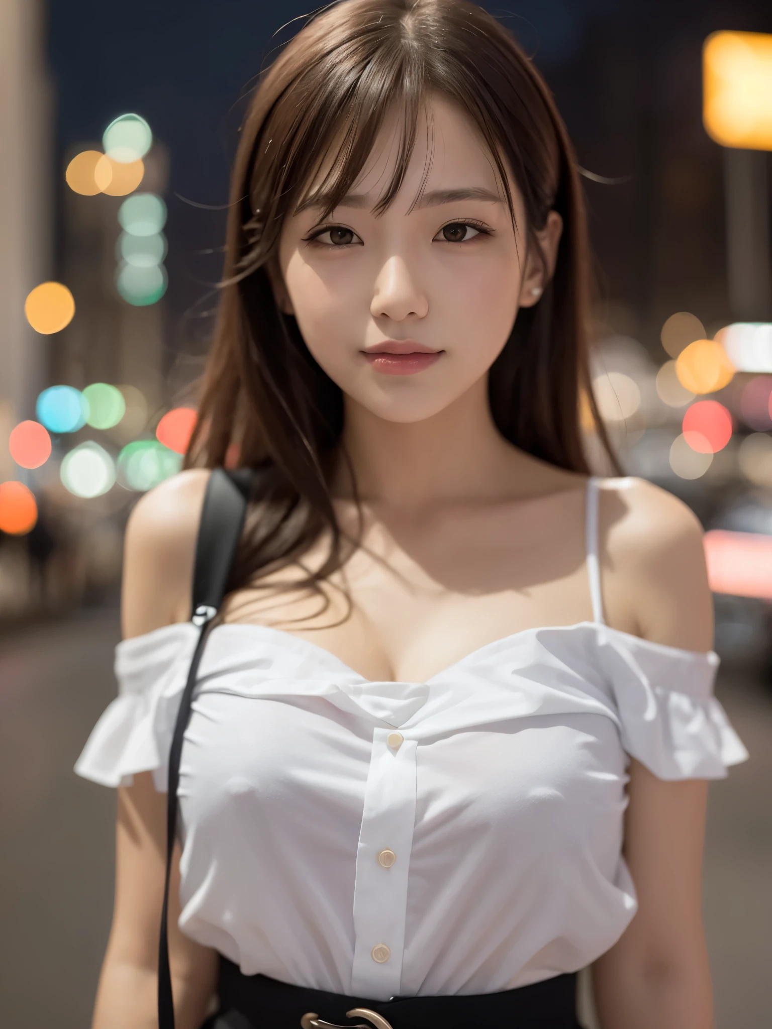 Girl with Camera, mix 4,(8K, RAW photo, highest quality, masterpiece:1.2), (realistic, photo-realistic:1.37),1 girl,cute,cityscape, night, rain, Wet, professional lighting, photon mapping, radio city, Physically based rendering, highest quality、Super high resolution、Photoreal、1 Idol Girl、With a round face、White lace loose shirt emphasizing off-shoulder chest、、huge breasts、look at the audience、A smile that makes people happy,, delicate clavicle