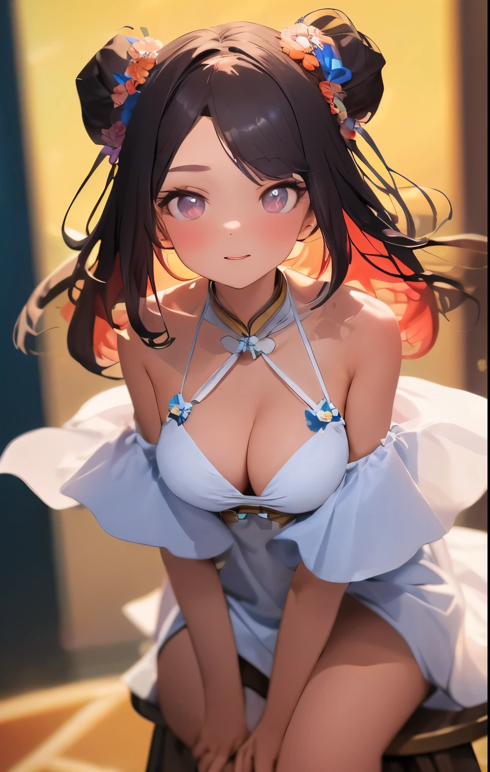(((parted bangs, medium hair))), best quality, 8k, human development report, high resolution, ridiculous:1.2, blurred background, Bokeh:1.2, photography, (original photo:1.2), (lifelike:1.4), (masterpiece:1.3), (intricate details:1.2), 1 girl, alone, Chinese girl, Delicate, beautiFul detailed, (delicate eyes), (detailed Facial Features),, nural shading, 85mm, F/1.4, ISO 200, 1/160 seconds:0.75), (((white oFF-shoulder dress))), Seductive pose,cleavage,show off breasts,revealing clothes,barefaced,leg wide open,bikini,,emotion,A thousand flavors,Tube top,genitals