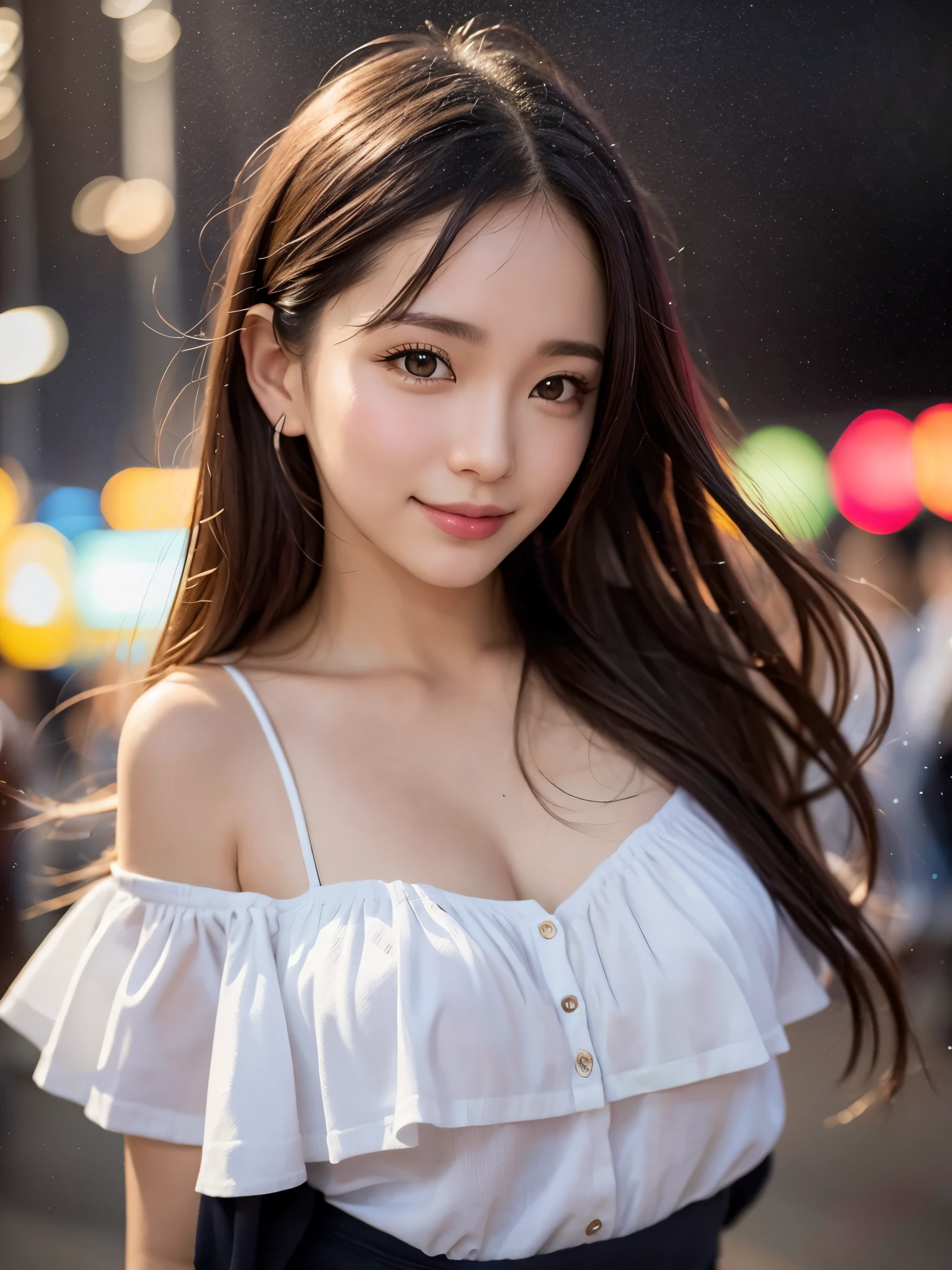 Girl with Camera, mix 4,(8K, RAW photo, highest quality, masterpiece:1.2), (realistic, photo-realistic:1.37),1 girl,cute,cityscape, night, rain, Wet, professional lighting, photon mapping, radio city, Physically based rendering, highest quality、Super high resolution、Photoreal、1 Idol Girl、With a round face、White lace loose shirt emphasizing off-shoulder chest、、huge breasts、look at the audience、A smile that makes people happy,, delicate clavicle