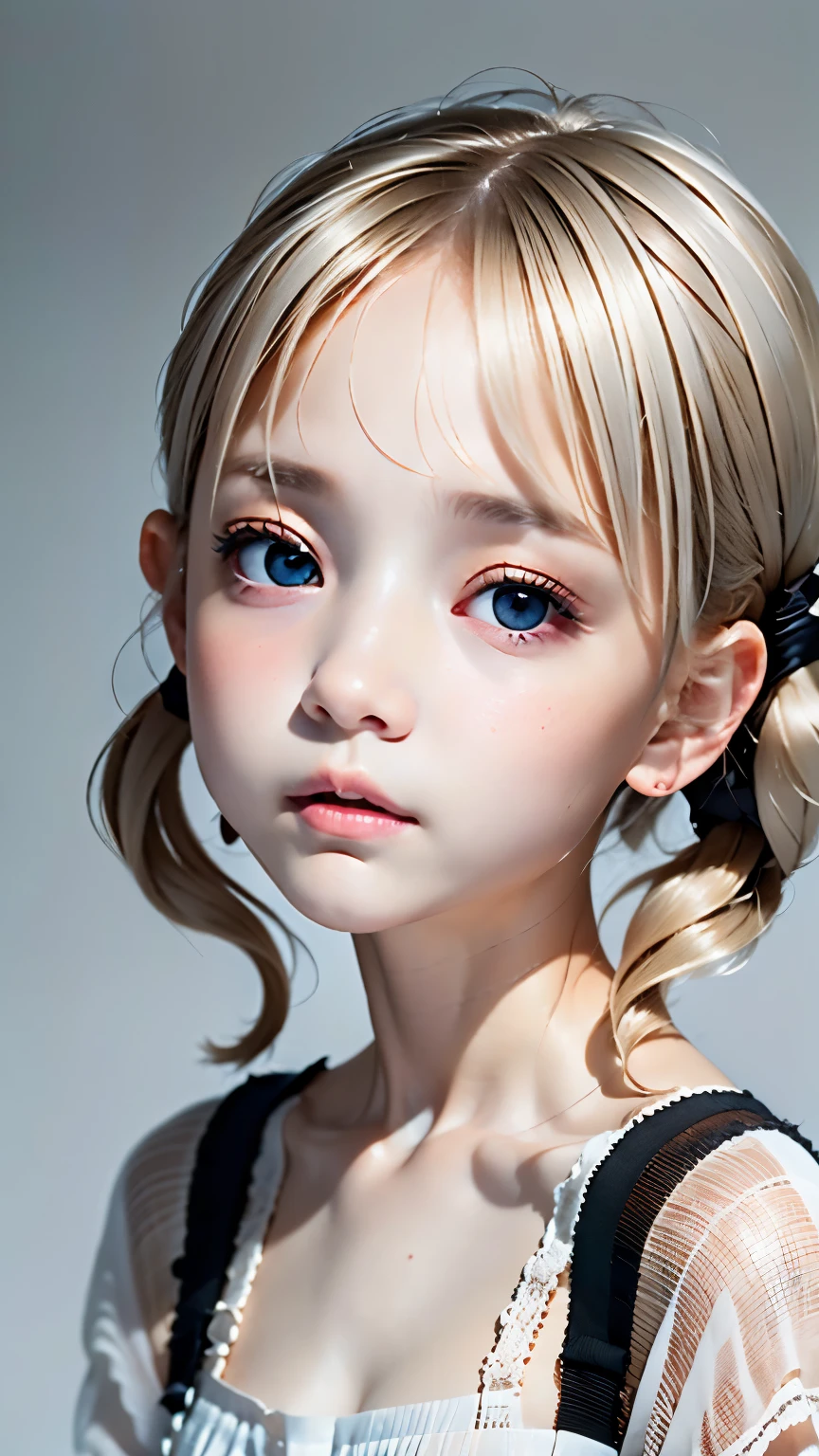 portrait、masterpiece:1.3、one girl、Upper body、Upper body、baby face、natural look、very cute、charming eyes、small breasts、platinum blonde hair、shortcut、短いtwin tails:1.3、twin tails、plump lips、no makeup、luxury shirt with lace、black shirt、RAW photo、最high quality、High resolution、Super detailed、high quality、Detailed details、８ｋ、(((blurred background、gray walls、gray background、White world、studio:1.5、cinematic lighting、professional photographer)))