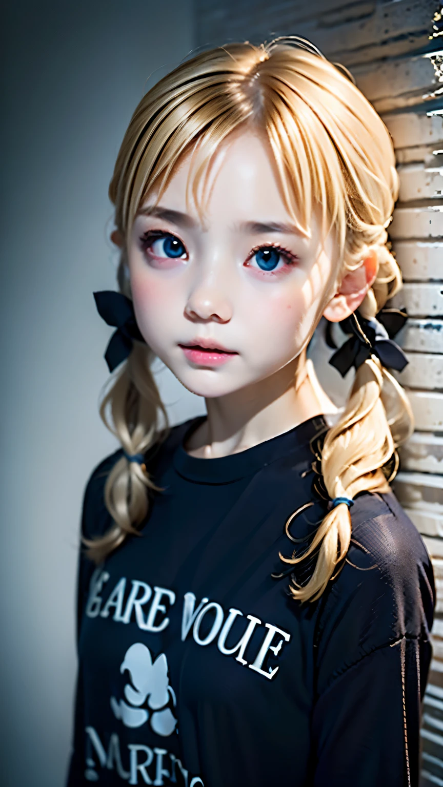 portrait、masterpiece:1.3、one girl、Upper body、Upper body、、natural look、very cute、charming eyes、small breasts、platinum blonde hair、shortcut、短いtwin tails:1.3、twin tails、plump lips、no makeup、luxury shirt with lace、black shirt、RAW photo、最high quality、High resolution、Super detailed、high quality、Detailed details、８ｋ、(((blurred background、gray walls、gray background、White world、studio:1.5、cinematic lighting、professional photographer)))