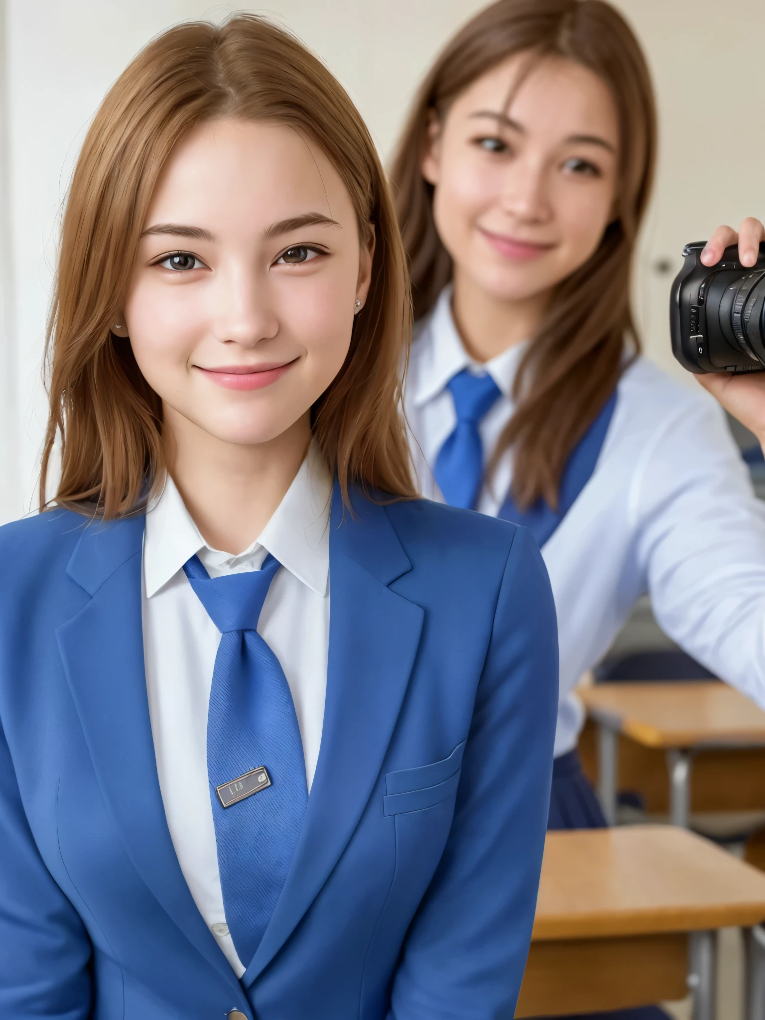 Girl with Camera, mix 4,(8K, RAWphotograph, highest quality, masterpiece:1.2), (realistic, photo-realistic:1.37),Girl Single, beautiful face, 18-year-old, smile, viewers watching, school uniform, uniform, photograph, realistic, highest quality, adopted, detailed face, classroom, detailed background, diffused lighting, Depth of bounds written, Bokeh