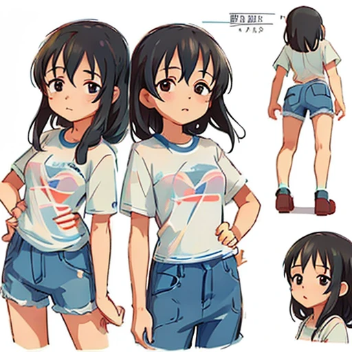 fujiwara hajime, black hair, medium hair, white background, denim shorts, character sheet