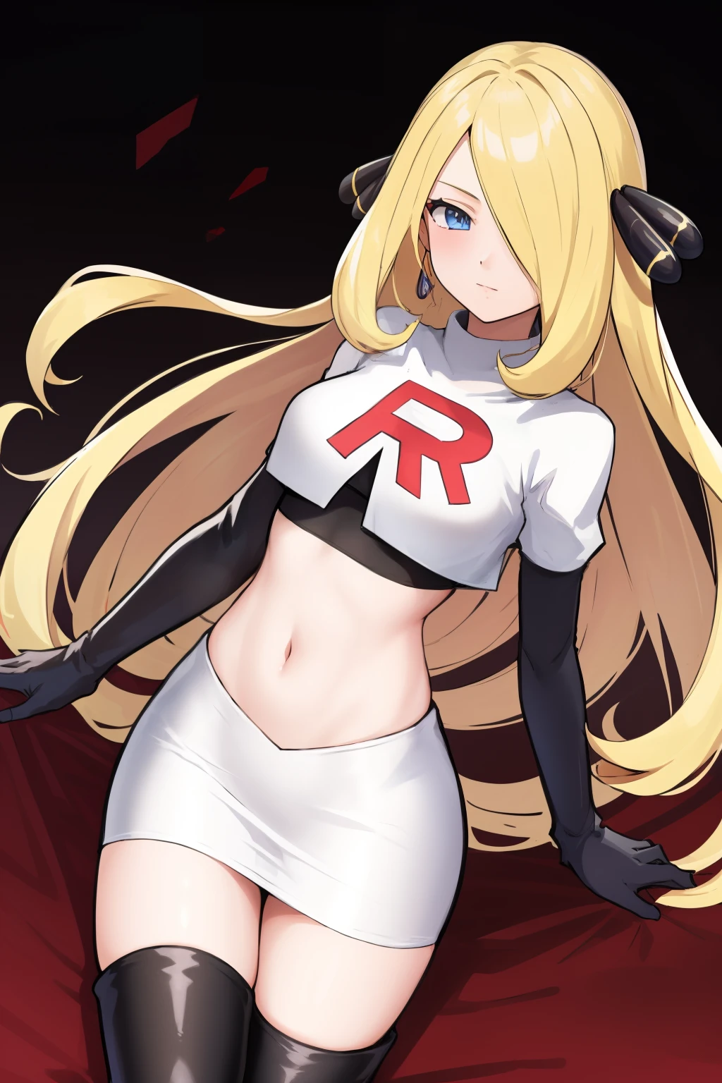 cynthia (pokemon), 1girl, solo ,blonde hair, blue eyes ,hair covering one eye, hair ornament ,earings ,team rocket uniform, red letter R, white skirt,white crop top,black thigh-high boots, black elbow gloves, 