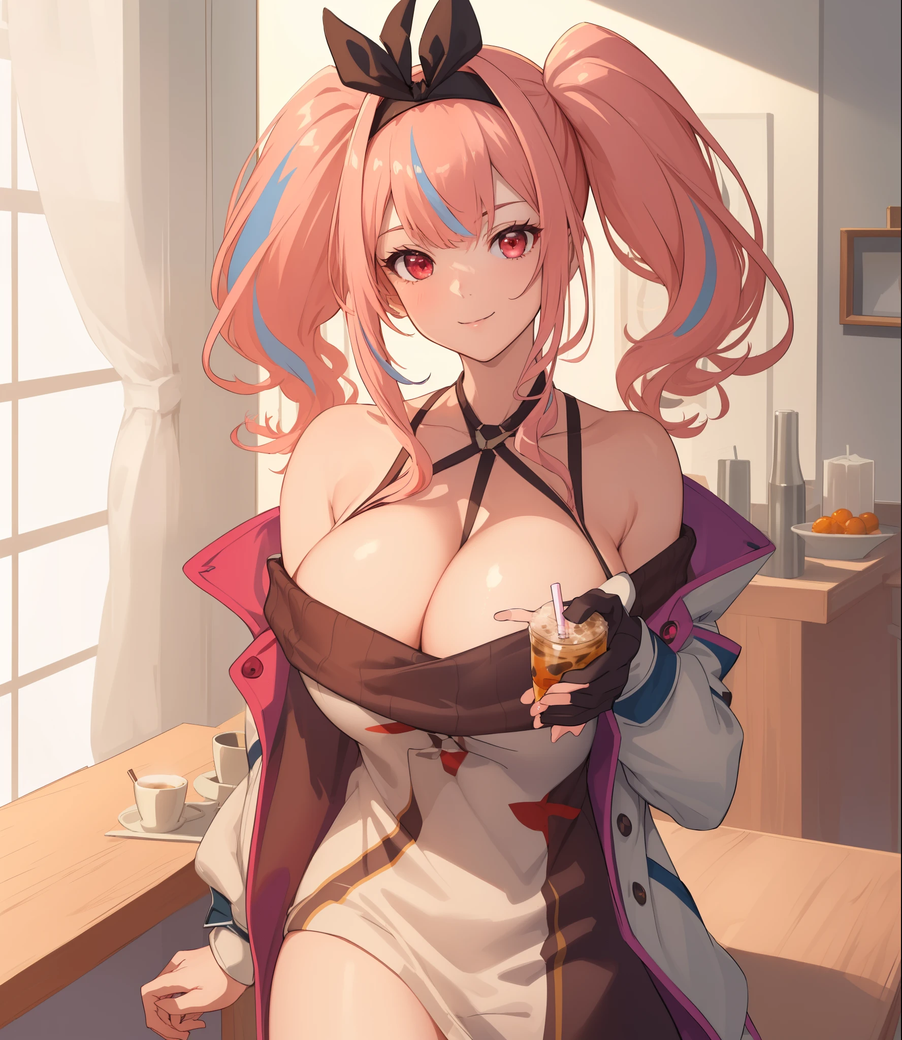 (extremely detailed CG unity 8k wallpaper), (((masterpiece))), (((best quality))), ((ultra-detailed)), (((illustration))), (best shadow), ((an extremely delicate and beautiful)), (detailed light), (well designed face), amazing face, (super detailed), cinematic shot, beautiful detailed eyes, detailed background, 1girl, solo, ((pink hair)), multicolored hair, ((red eyes)), ((short twintails)), (headband), ((halterneck)), huge breasts, firts rate breasts, first rate female bodies, ((open chest sweater)), white jacket, open jacket, upper body, inside a cafe, interior design, bewitching thighs, smile, cowboy shot, ((anime girl drinks boba drink)),