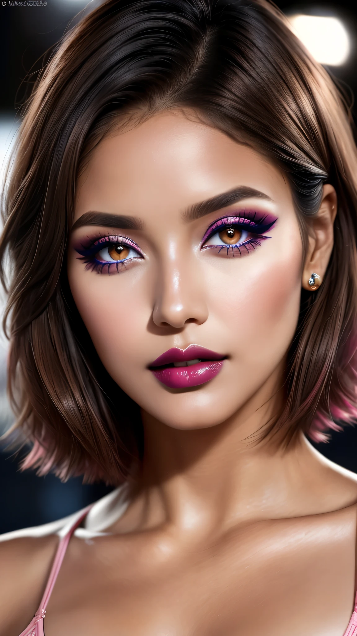 Ultra-realistic movie master pie with ultra-detailed primetime portraits, 最high quality, 8K, table top, Ultra HD), 1girl:1.4 25 years old、fashion supermodel、masterpiece, 最high quality, high quality, High resolution, (Glamour, paparazzi taking pictures of her), (light dark short hair, extremely detailed), high contrast, (dark shot:1.09), Long 2blue_eyelashes:1.33, (dark_eyeshadows:1.25), red_lips:1.2, ((brown_eyes:1.3)), (pink_makeup:1.28), ((tanned brown skin:1.22))