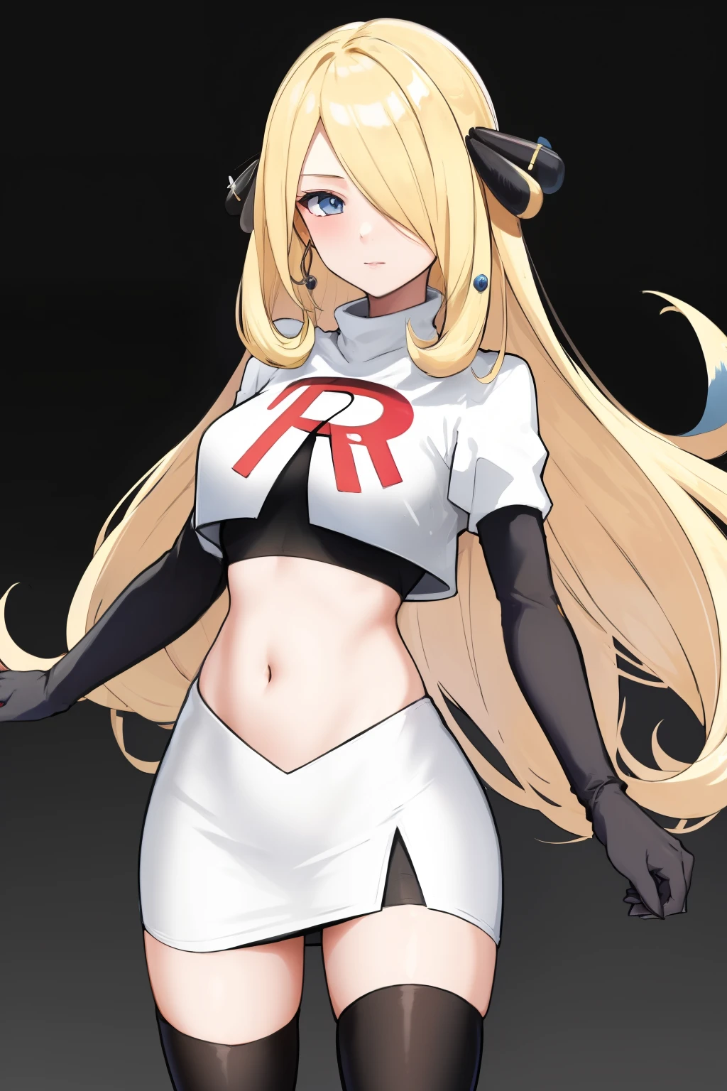 cynthia (pokemon), 1girl, solo ,blonde hair, blue eyes ,hair covering one eye, hair ornament ,earings ,team rocket uniform, red letter R, white skirt,white crop top,black thigh-highs, black elbow gloves, 