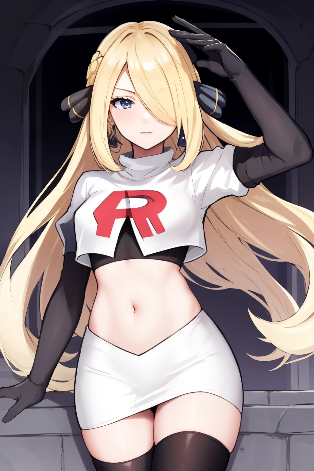 cynthia (pokemon), 1girl, solo ,blonde hair, blue eyes ,hair covering one eye, hair ornament ,earings ,team rocket uniform, red letter R, white skirt,white crop top,black thigh-highs, black elbow gloves, 