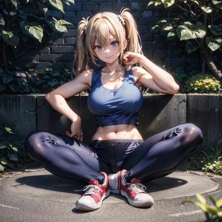 blonde twintails（bangs）、smile、big breasts、muscular body、Blue sleeveless shirt with a navel that shows the chest（Tank top）、leggings、red sneakers、tall stature、30 years old、sweaty、sitting、I'm spreading my hands、garden