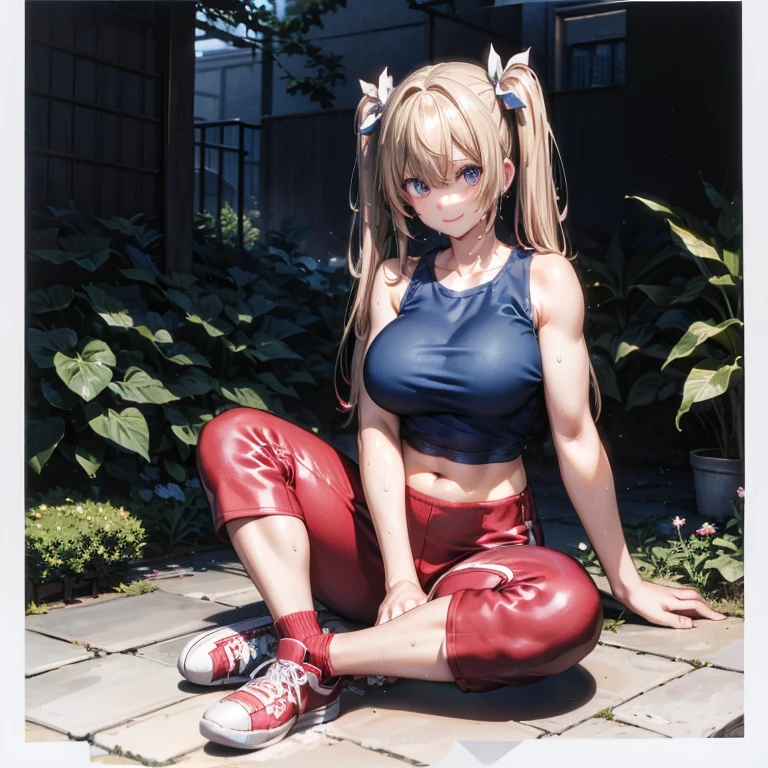 blonde twintails（bangs）、smile、big breasts、muscular body、Blue sleeveless shirt with a navel that shows the chest（Tank top）、leggings、red sneakers、tall stature、30 years old、sweaty、sitting、I'm spreading my hands、garden