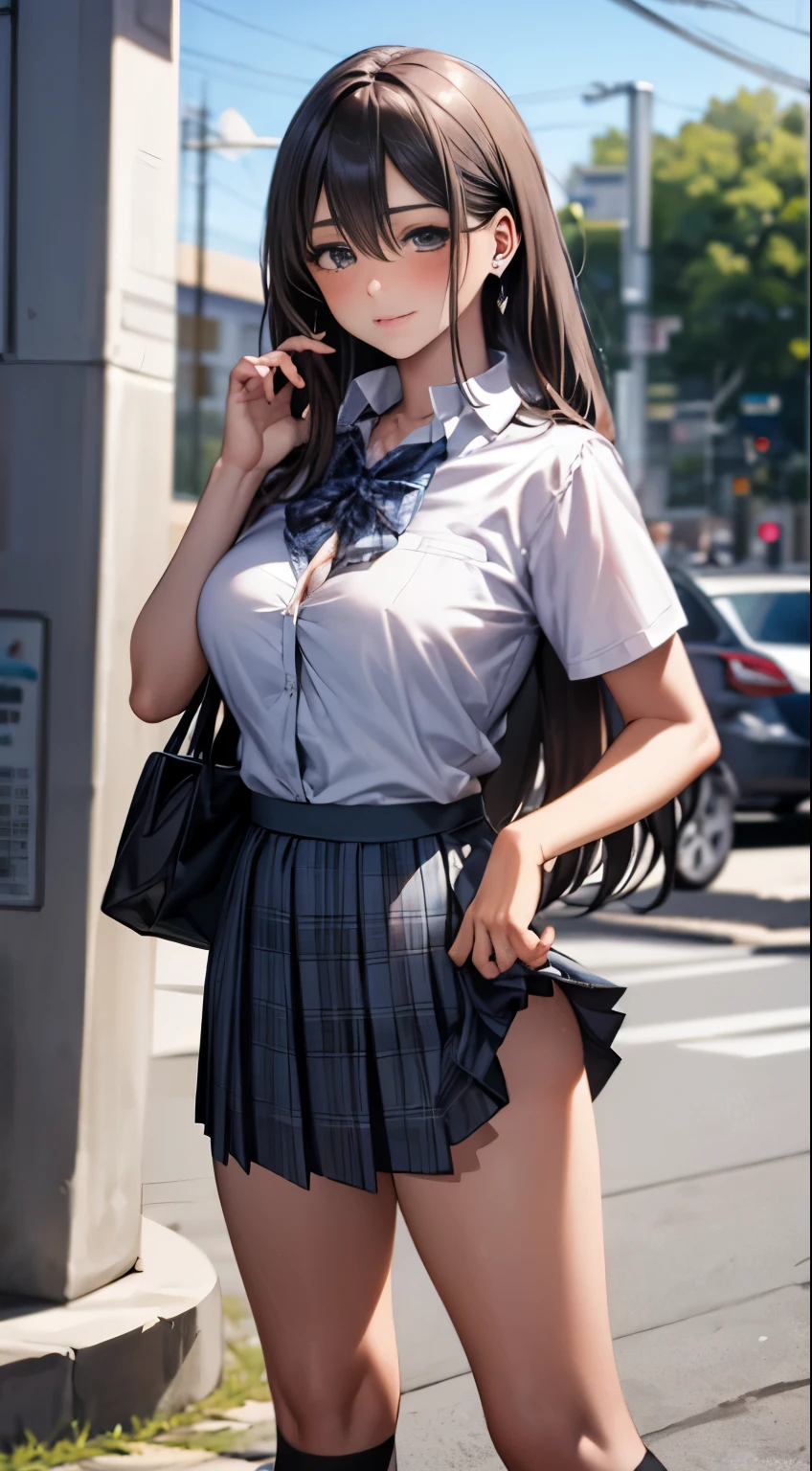 (masterpiece:1.2, highest quality), (realistic, photorealistic:1.4), beautiful illustrations,
looking at the viewer, whole body, Front view:0.6,
1 girl, Japanese, high School girl, (long hair:1.5), blown hair, (half up, half updo), bangs, hair between eyes, big breasts:0.8,
beautiful hair, beautiful face, beautiful and fine eyes, beautiful clavicle, beautiful body, beautiful breasts, beautiful thighs, beautiful feet, beautiful fingers,
(beautiful scenery), , School,
((Short sleeve shirt with collar, white shirt, School uniform, Grey plaid pleated skirt, Blue plaid bow tie)), white panties,
(Are standing, , lift the skirt, Grab the hem of the skirt, put your hand on your chest, hand between legs),
blush, ,