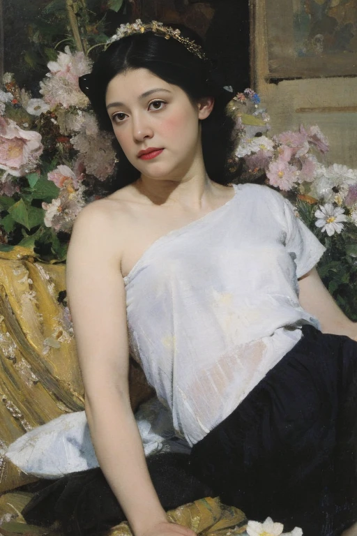 (oil painting:1.5),
\\
a woman with long black hair and white flowers in her hair is laying down in a field of white flowers, (amy sol:0.248), (stanley artgerm lau:0.106), (a detailed painting:0.353), (gothic art:0.106) golden abstract expressionism and the museum of art 