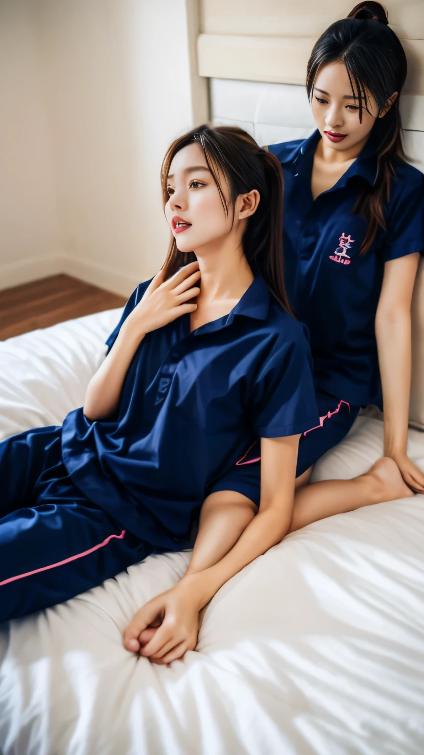 2 girls in the piano room, Navy blue short-sleeved shirt,Navy Long Trackpant,Sweatpants, Sweatpantsขายาว, lying in bed., หญิงรักhave sex, coax, Sexual arousal, Realistic poses, exercise clothes, exercise clothes, have sex