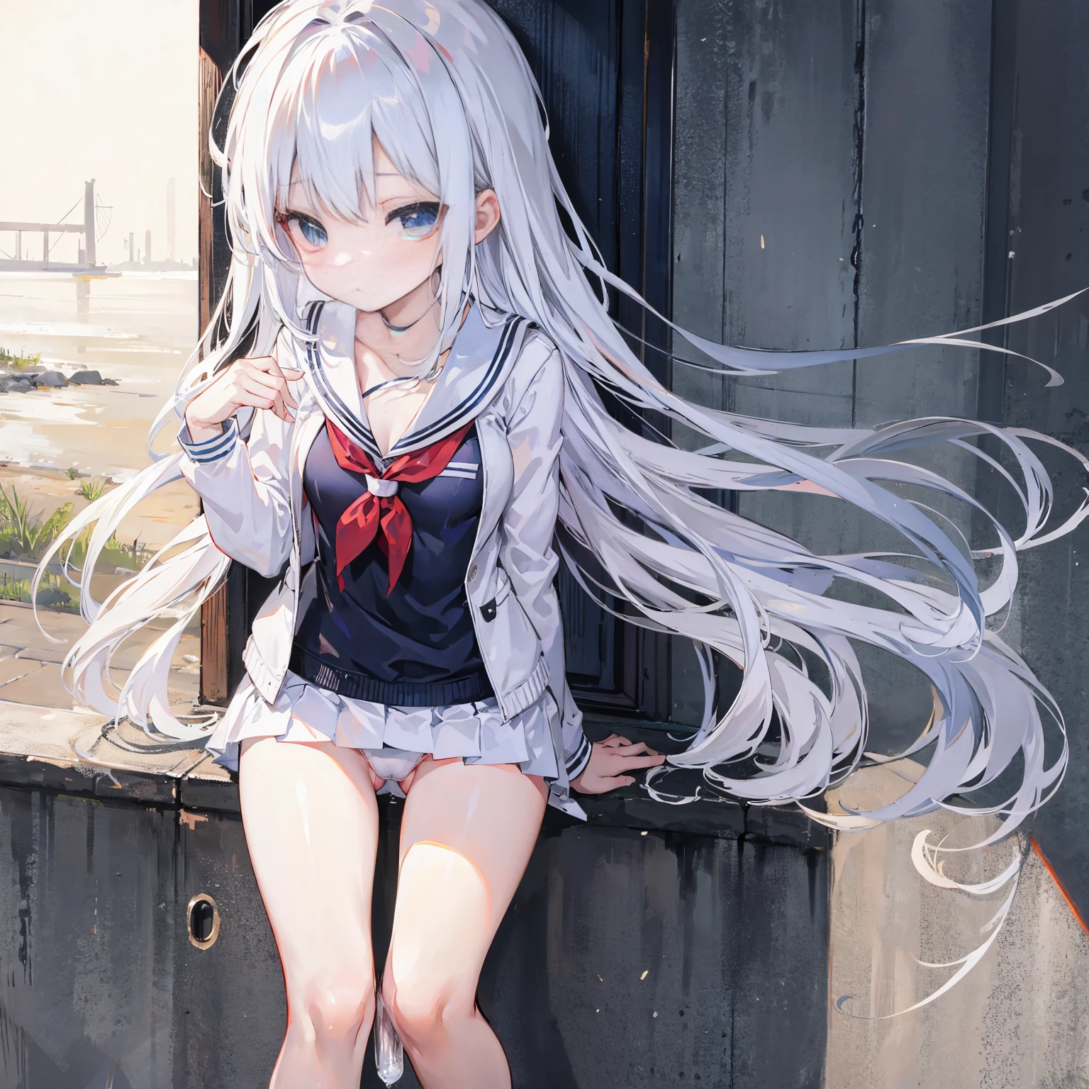 white hair,school swimwear,,lolill breasts,No breasts,slender,cute,It's exposed,cover your chest with your hands,lotion,Wet,love,embarrassed,love juice,Pussy,Pussyから液体,highest quality