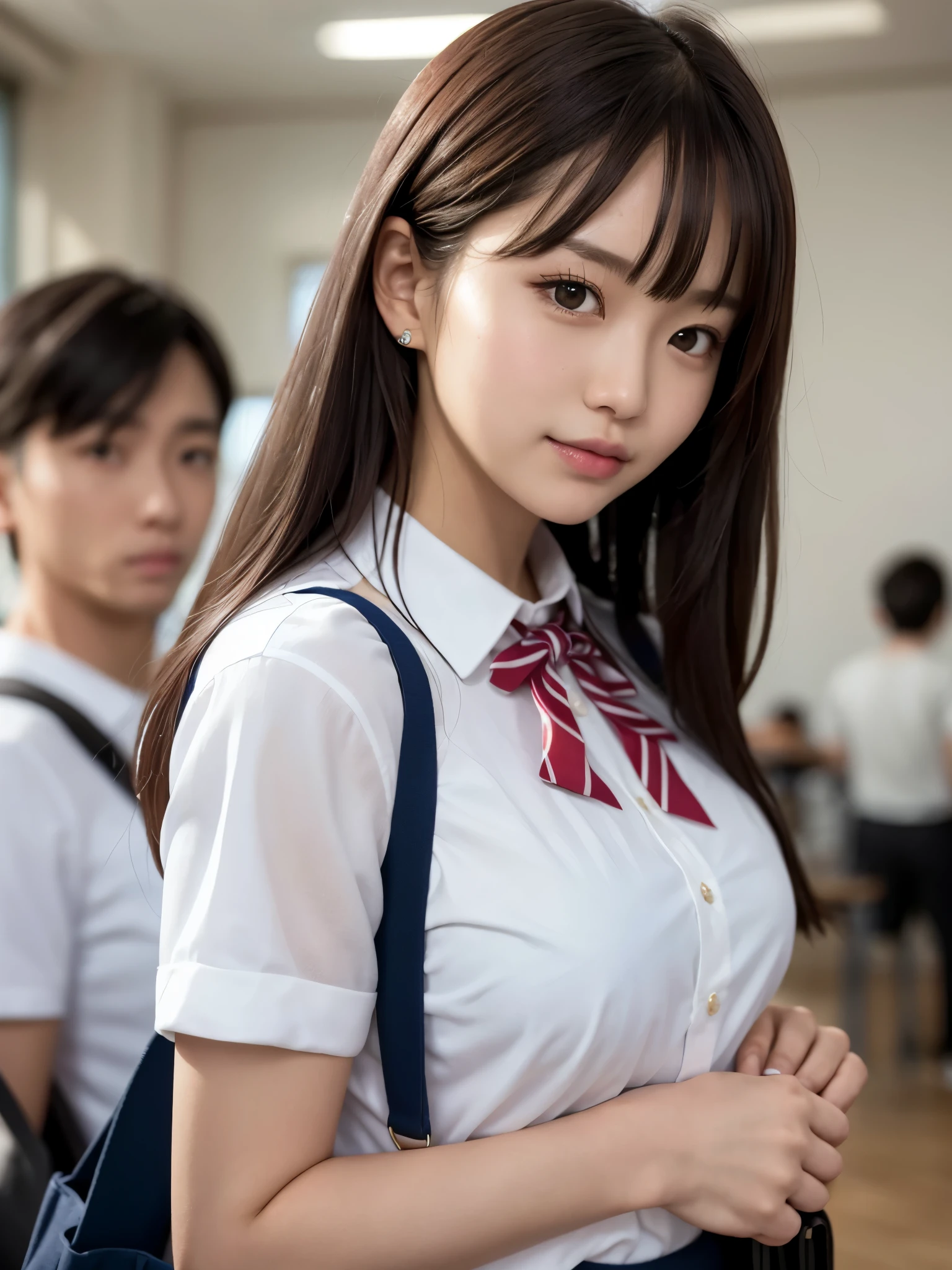 masterpiece, upper body shot, Front view, a Japanese young pretty woman, 18-year-old, Standing smiling in the crowd on the boulevard, Carry a large tote bag over your shoulder, glamorous look, He is wearing a white collared short-sleeved silky shirt and a shiny red satin plain bow tie。, She is wearing a long navy pleated skirt., super cute face, glossy lips, double eyelids of both eyes, natural makeup, long eyelashes, medium length shiny smooth light brown hair, asymmetrical bangs, sunburned skin, In the classroom, head frame, center image, 8K resolution, High resolution, detailed hairstyle, detailed face, great movie lighting, octane rendering, vibrant, surreal, perfect limbs, perfect anatomy