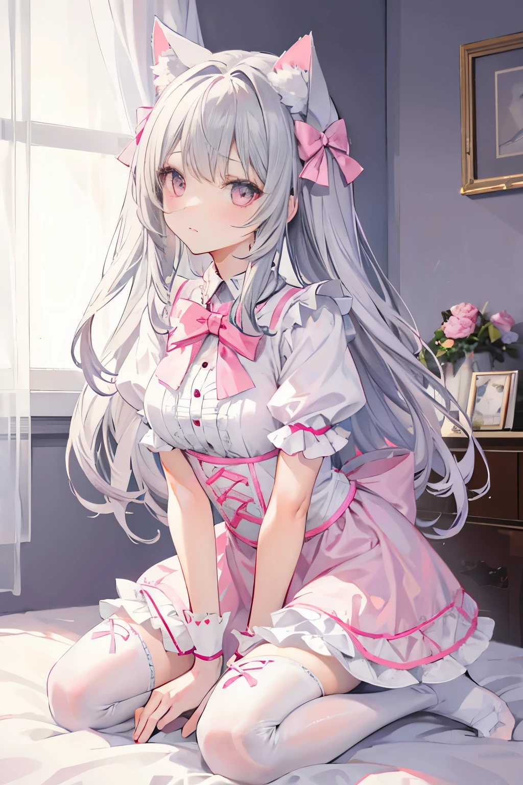 gray hair,Cat ear,pink eyes,Light blue ta,white tights,pink bow,in the room,kneeling on the bed