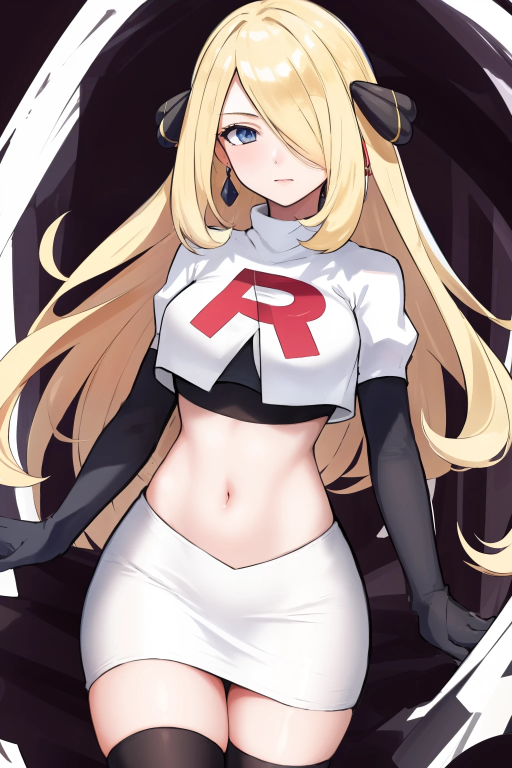 cynthia (pokemon), 1girl, solo ,blonde hair, blue eyes ,hair covering one eye, hair ornament ,earings ,team rocket uniform, red letter R, white skirt,white crop top,black thigh-highs, black elbow gloves,