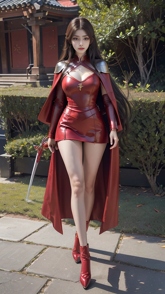 (best quality, 10, Masterpiece :1.3), (realistic, ภาพrealistic: 1.37), (1 girl), (Beautiful women between the ages of 18-20), (thin), (Focus on the slender abdomen.. :1.3), (Korea), (Pastel colored leather dress, Long red leather cloak, Long red leather cloak, Show your arms and shoulders., white leather skirt, short leather skirt, Emphasize her legs., High groove,), (รองเท้าHeel Height), (Random pose), Huge breasts, exposed cleavage, ((dark brown hair, long hair)), exquisite face, Open the show, Fantasy, Slender figure, Very smooth face, Good eyes, Double eyelids, (long hair, Random hairstyles), (big girl :1.3), (outdoor), (Extraordinarily detailed face), (Detailed eyes), (Double eyelids), (Eyeshadow makes eyelashes look thicker.......), obscure, (Long legs, Heel Height), (((Whole body))), (professional lighting), (Photon mapping), (Radiation), holding a giant sword, large sword, Sword 200 centimeters, (Look directly at the audience.....), Meadow scene, mountain, cave mouth, stone, big tree