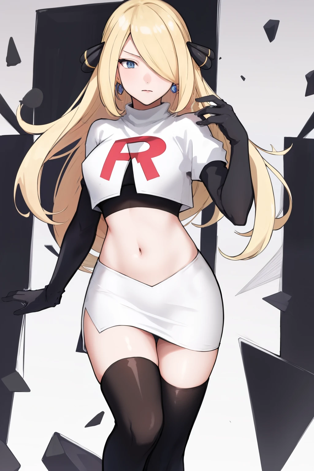 cynthia (pokemon), 1girl, solo ,blonde hair, blue eyes ,hair covering one eye, hair ornament ,earings ,team rocket uniform, red letter R, white skirt,white crop top,black thigh-highs, black elbow gloves, 