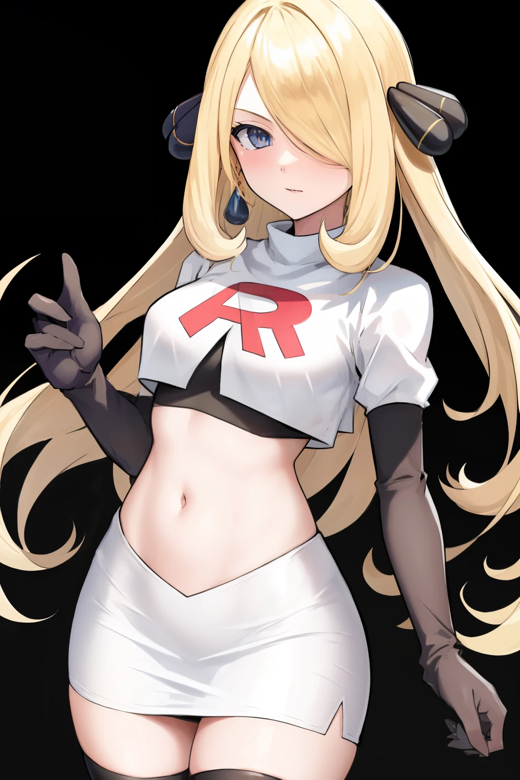 cynthia (pokemon), 1girl, solo ,blonde hair, blue eyes ,hair covering one eye, hair ornament ,earings ,team rocket uniform, red letter R, white skirt,white crop top,black thigh-highs, black elbow gloves, 