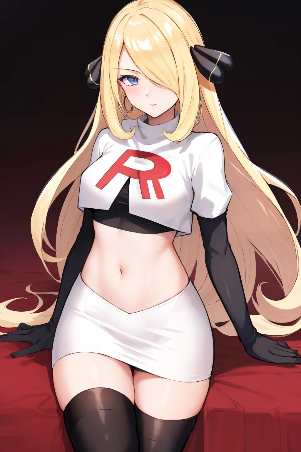 cynthia (pokemon), 1girl, solo ,blonde hair, blue eyes ,hair covering one eye, hair ornament ,earings ,team rocket uniform, red letter R, white skirt,white crop top,black thigh-highs, black elbow gloves, 