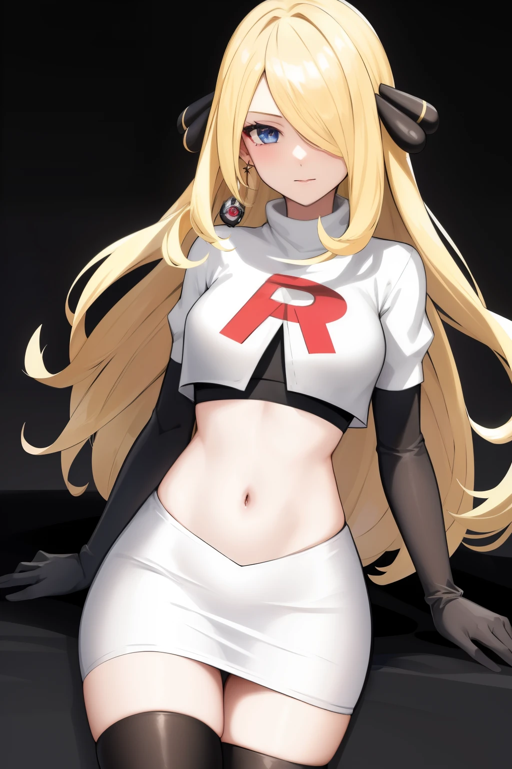 cynthia (pokemon), 1girl, solo ,blonde hair, blue eyes ,hair covering one eye, hair ornament ,earings ,team rocket uniform, red letter R, white skirt,white crop top,black thigh-highs, black elbow gloves, 