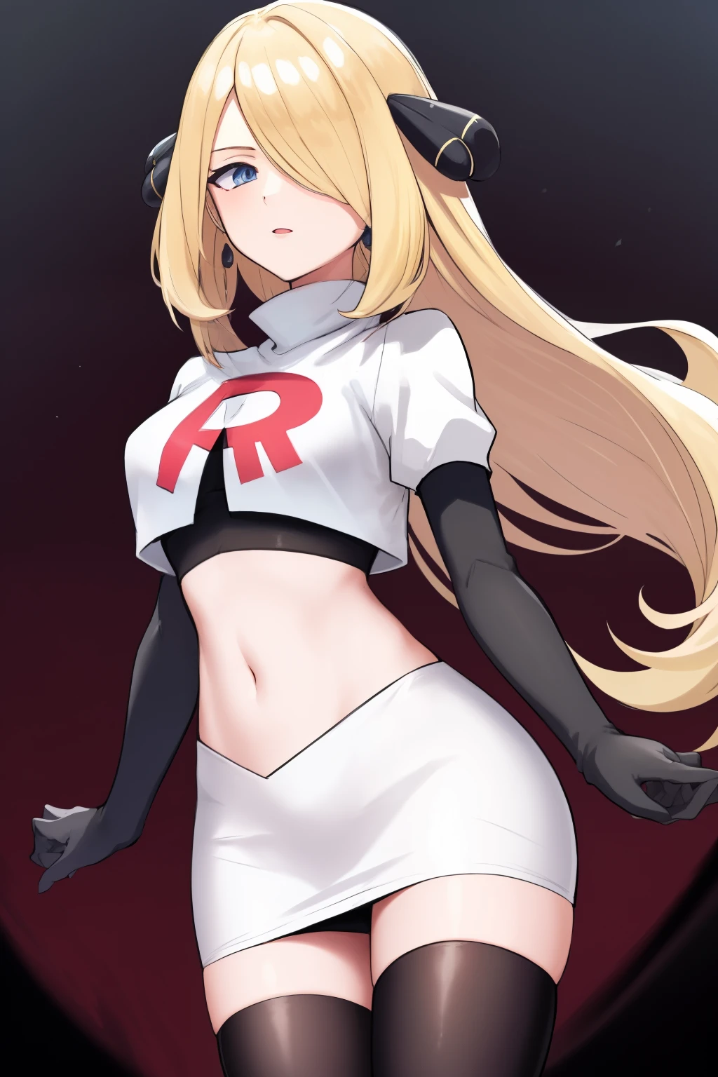cynthia (pokemon), 1girl, solo ,blonde hair, blue eyes ,hair covering one eye, hair ornament ,earings ,team rocket uniform, red letter R, white skirt,white crop top,black thigh-highs, black elbow gloves,