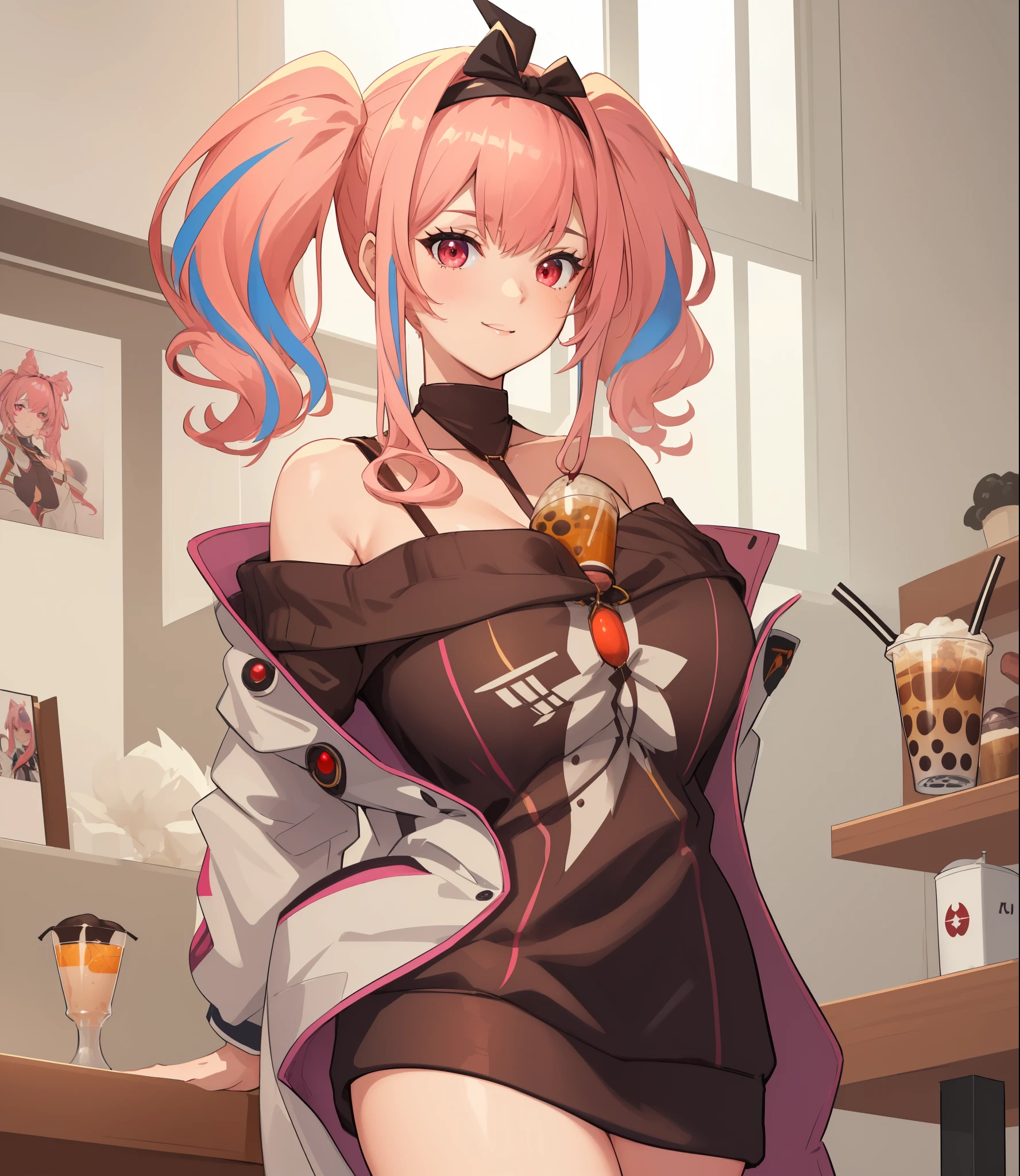 (extremely detailed CG unity 8k wallpaper), (((masterpiece))), (((best quality))), ((ultra-detailed)), (((illustration))), (best shadow), ((an extremely delicate and beautiful)), (detailed light), (well designed face), amazing face, (super detailed), cinematic shot, beautiful detailed eyes, detailed background, 1girl, solo, ((pink hair)), multicolored hair, ((red eyes)), ((short twintails)), (headband), ((halterneck)), huge breasts, firts rate breasts, first rate female bodies, sleveless sweater, ((open chest sweater)), white jacket, open jacket, upper body, inside a cafe, interior design, bewitching thighs, smile, cowboy shot, ((anime girl drinks boba drink)),