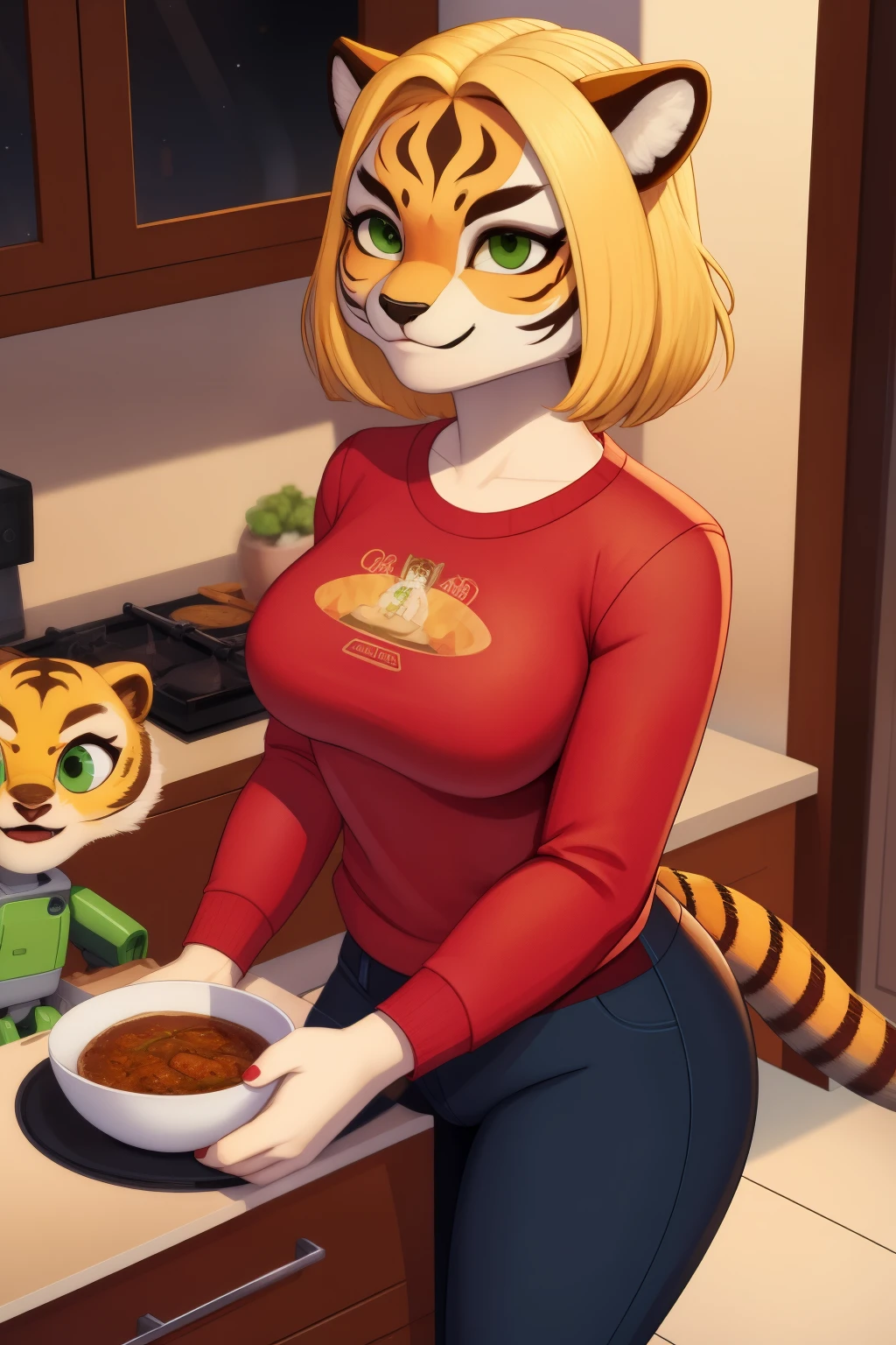 android female, tigress anthro, housewife, blonde hair, green eyes, red shirt, robot joints, Pixar 3D style