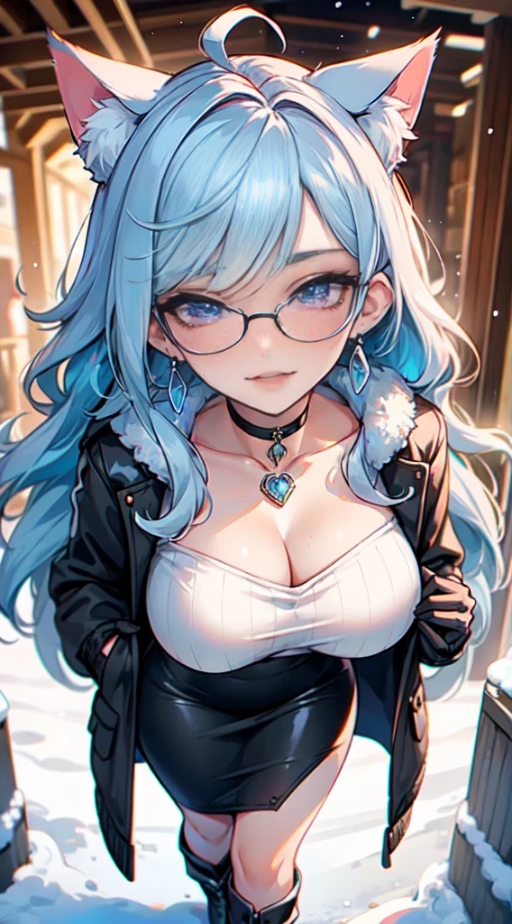 Masterpiece, beautiful art, professional artist, 8k, art style by sciamano240, very detailed face, very detailed hair, very detailed clothes, 1girl, perfectly drawn body, beautiful face, long hair, light blue hair , very detailed blue vertical cat eyes, square glasses, pouty lips , rosey cheeks, intricate details in eyes, extreme close up of face, see only head and neck, staring directly at viewer, wearing cute winter clothes, winter coat, necklace, choker, earrings, gloves, pencil skirt, black tigh boots, some freckles, big wide grin, in love with the viewer expression, sunny winter setting, walking outside,