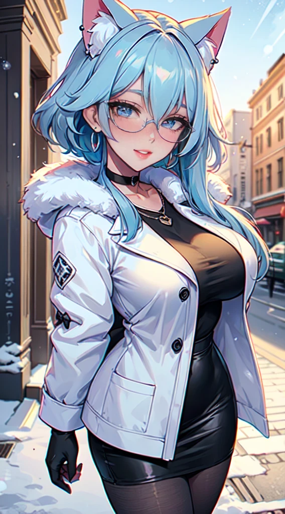 Masterpiece, beautiful art, professional artist, 8k, art style by sciamano240, very detailed face, very detailed hair, very detailed clothes, 1girl, perfectly drawn body, beautiful face, long hair, light blue hair , very detailed blue vertical cat eyes, square glasses, pouty lips , rosey cheeks, intricate details in eyes, extreme close up of face, see only head and neck, staring directly at viewer, wearing cute winter clothes, winter coat, necklace, choker, earrings, gloves, pencil skirt, black tigh boots, some freckles, big wide grin, in love with the viewer expression, sunny winter setting, walking outside,