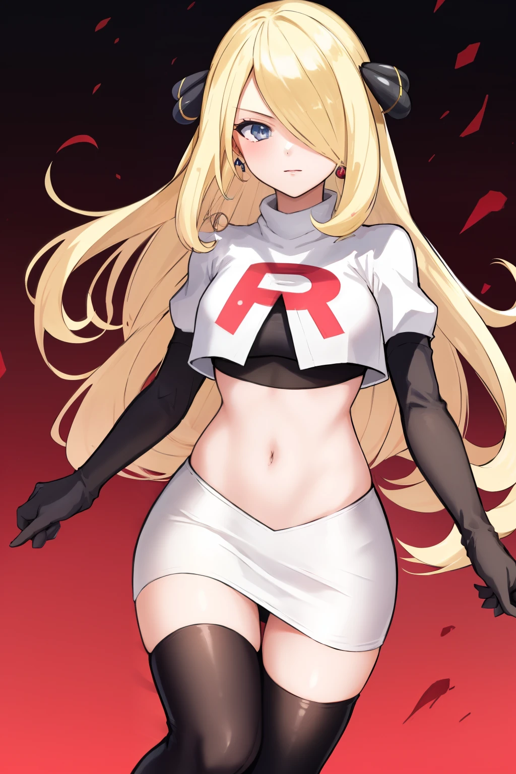 cynthia (pokemon), 1girl, solo ,blonde hair, blue eyes ,hair covering one eye, hair ornament ,earings ,team rocket uniform, red letter R, white skirt,white crop top,black thigh-highs, black elbow gloves, 