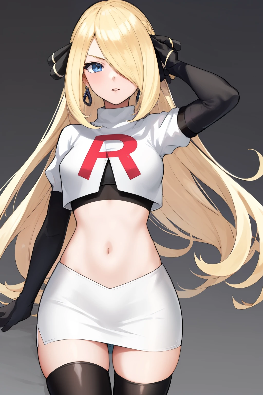 cynthia (pokemon), 1girl, solo ,blonde hair, blue eyes ,hair covering one eye, hair ornament ,earings ,team rocket uniform, red letter R, white skirt,white crop top,black thigh-highs, black elbow gloves,