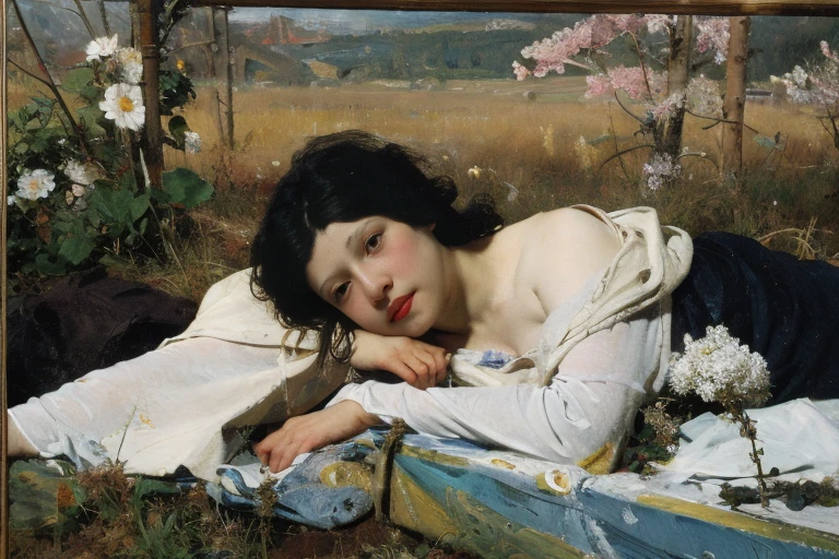 (oil painting:1.5),
\\
a woman with long black hair and white flowers in her hair is laying down in a field of white flowers, (amy sol:0.248), (stanley artgerm lau:0.106), (a detailed painting:0.353), (gothic art:0.106) golden abstract expressionism and the museum of art 